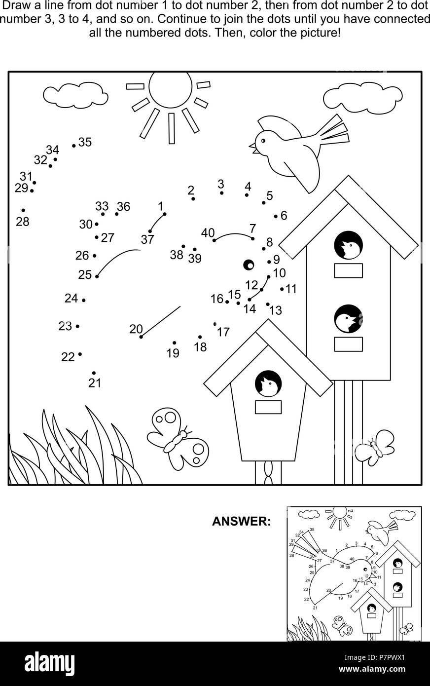 Primavera themed collegare i puntini rompicapo e pagina di colorazione con uccelli, birdhouses e nidiacei. Risposta inclusa. Illustrazione Vettoriale
