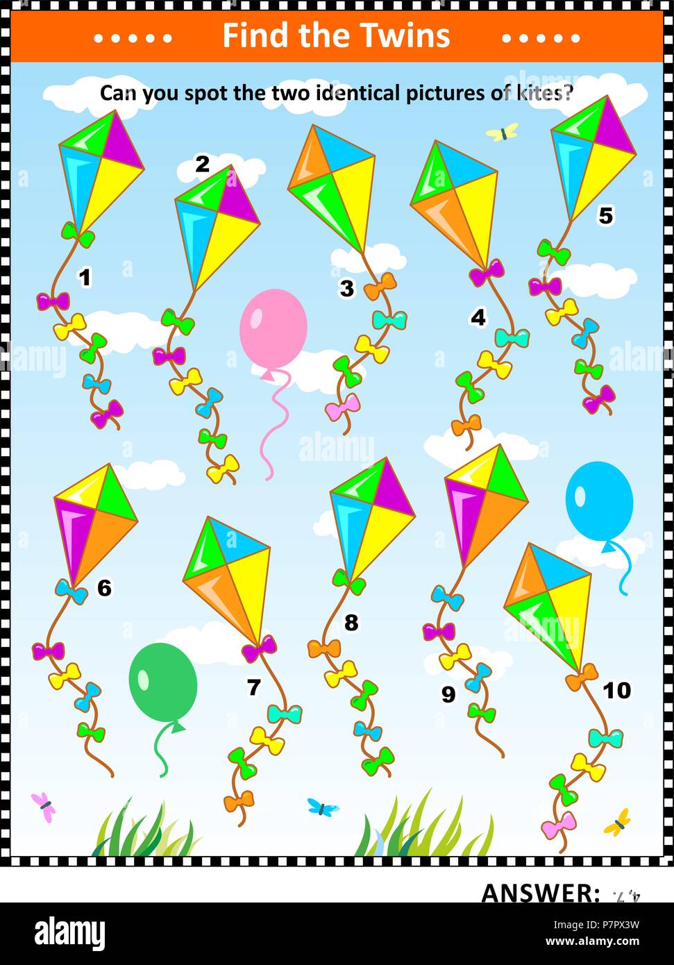 Formazione IQ visual puzzle con aquiloni colorati: trovare le due immagini identiche di aquiloni. Adatto sia per i bambini che per gli adulti. Risposta inclusa. Illustrazione Vettoriale