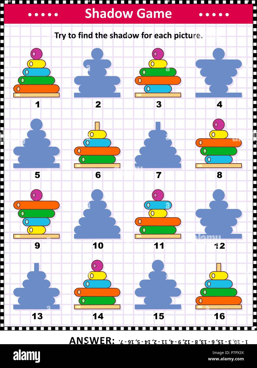Formazione IQ visual puzzle con anello colorato impilatori: provare a trovare l'ombra per ciascuna foto. Risposta inclusa. Illustrazione Vettoriale
