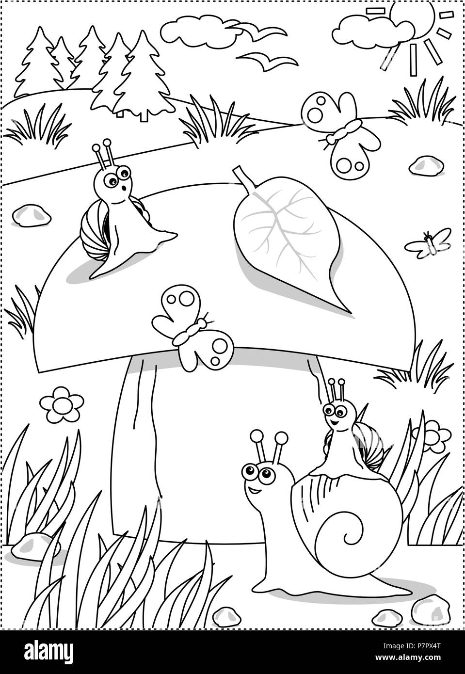 In estate o in autunno la gioia di colorazione a tema pagina con grande fungo squisito e la mamma e i bambini le lumache. Illustrazione Vettoriale