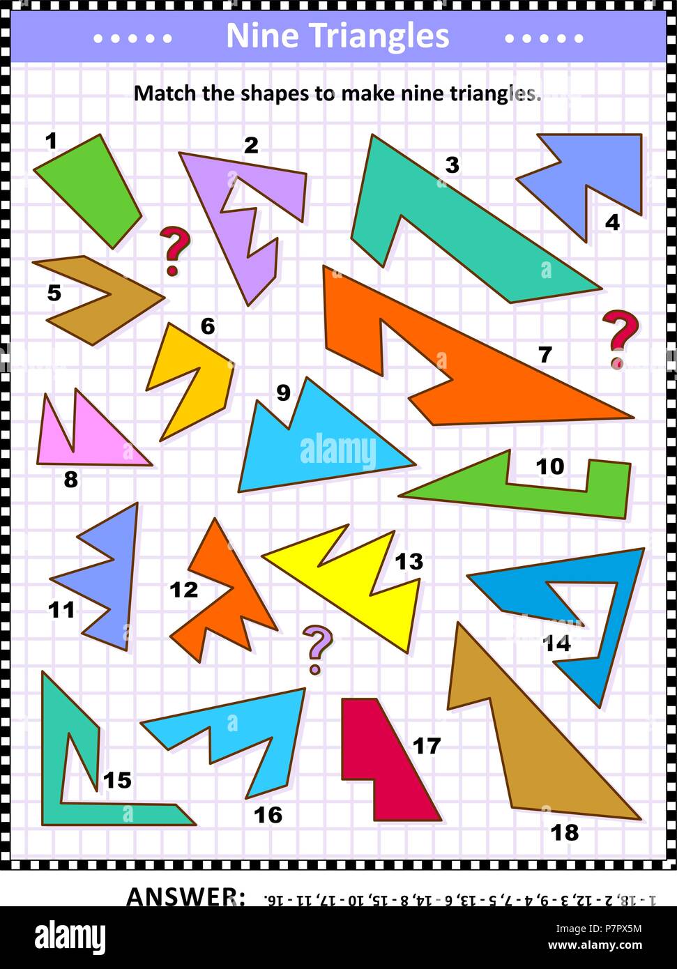 IQ e spaziale delle competenze matematiche di formazione visual puzzle: corrispondono le forme per rendere nove triangoli. Risposta inclusa. Illustrazione Vettoriale