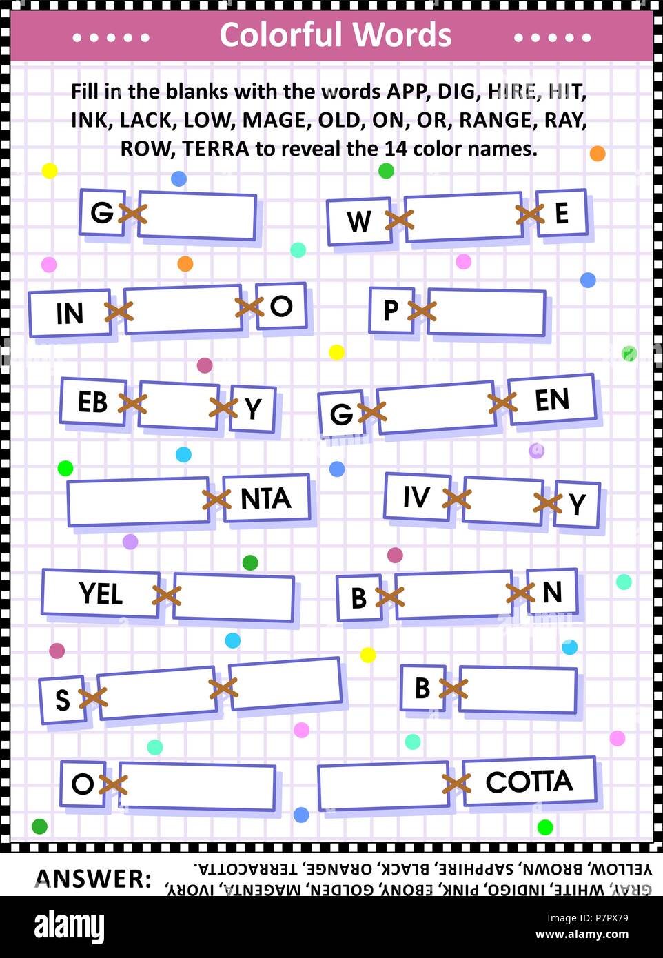 Puzzle di parola o word gioco con vari nomi di colore (lingua inglese). Risposta inclusa. Illustrazione Vettoriale