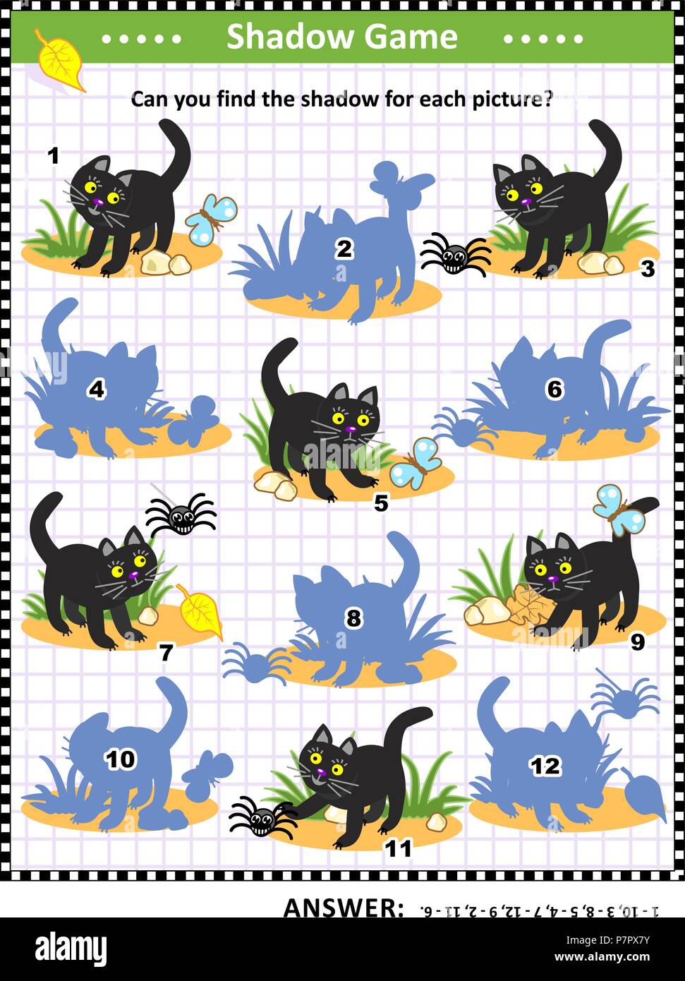 A tema Halloween visual puzzle o immagine enigma con gatto nero: puoi trovare l'ombra per ciascuna immagine? Risposta inclusa. Illustrazione Vettoriale