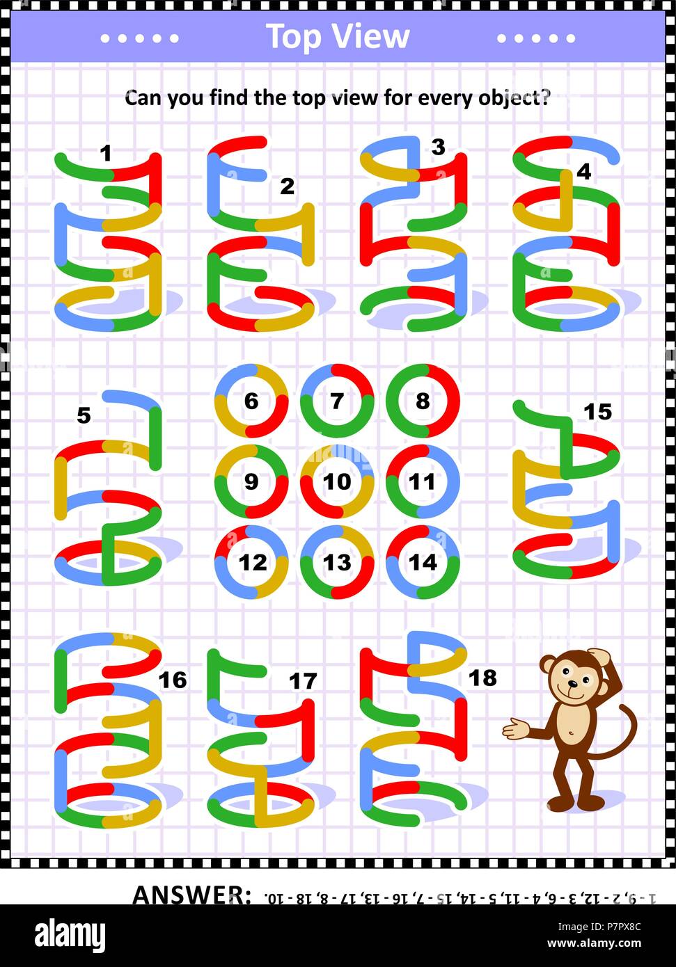 IQ e spaziale di formazione per le competenze di matematica educative puzzle: Trovare la vista superiore per ogni oggetto. Risposta inclusa. Illustrazione Vettoriale