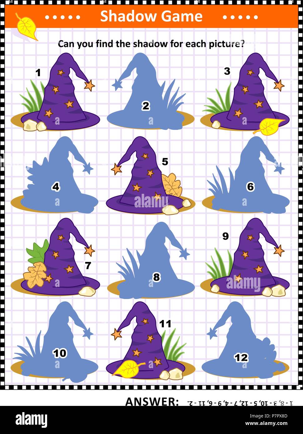 A tema Halloween visual puzzle o immagine enigma con la strega hat: puoi trovare l'ombra per ciascuna immagine? Risposta inclusa. Illustrazione Vettoriale
