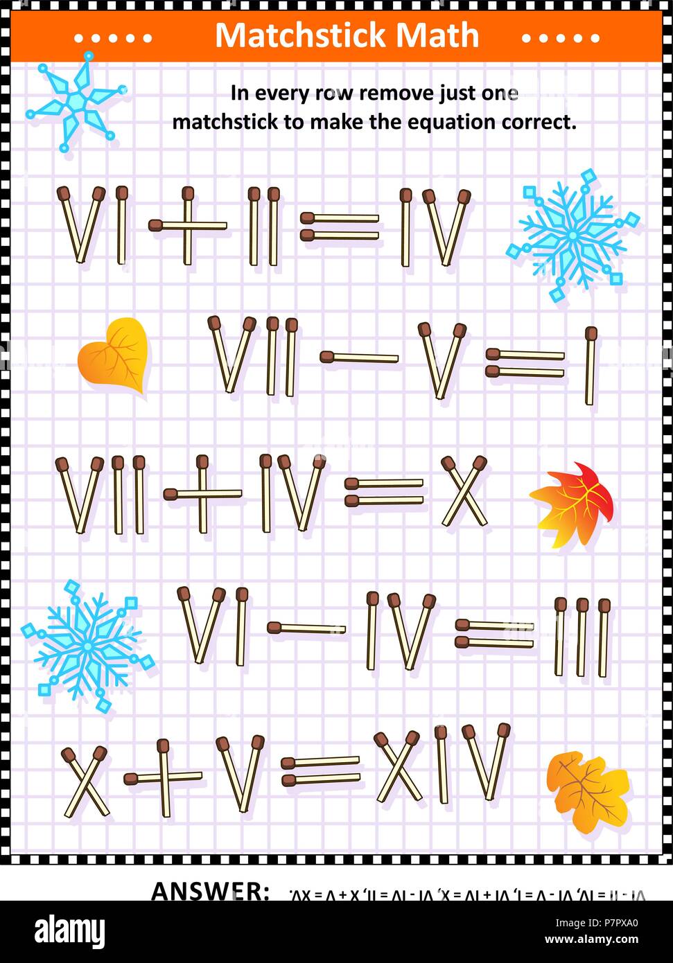 Visual math puzzle con numeri romani: In ogni riga rimuovere solo uno matchstick per rendere l'equazione valida. Risposta inclusa. Illustrazione Vettoriale