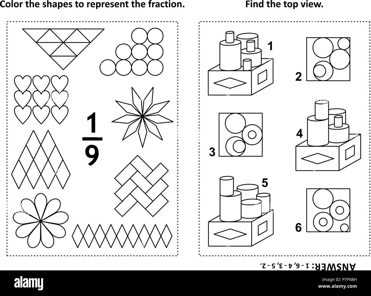 Due visual math puzzle e pagine da colorare. Il colore delle forme per rappresentare la frazione. Trovare la vista dall'alto. In bianco e nero. Risposta inclusa. Illustrazione Vettoriale