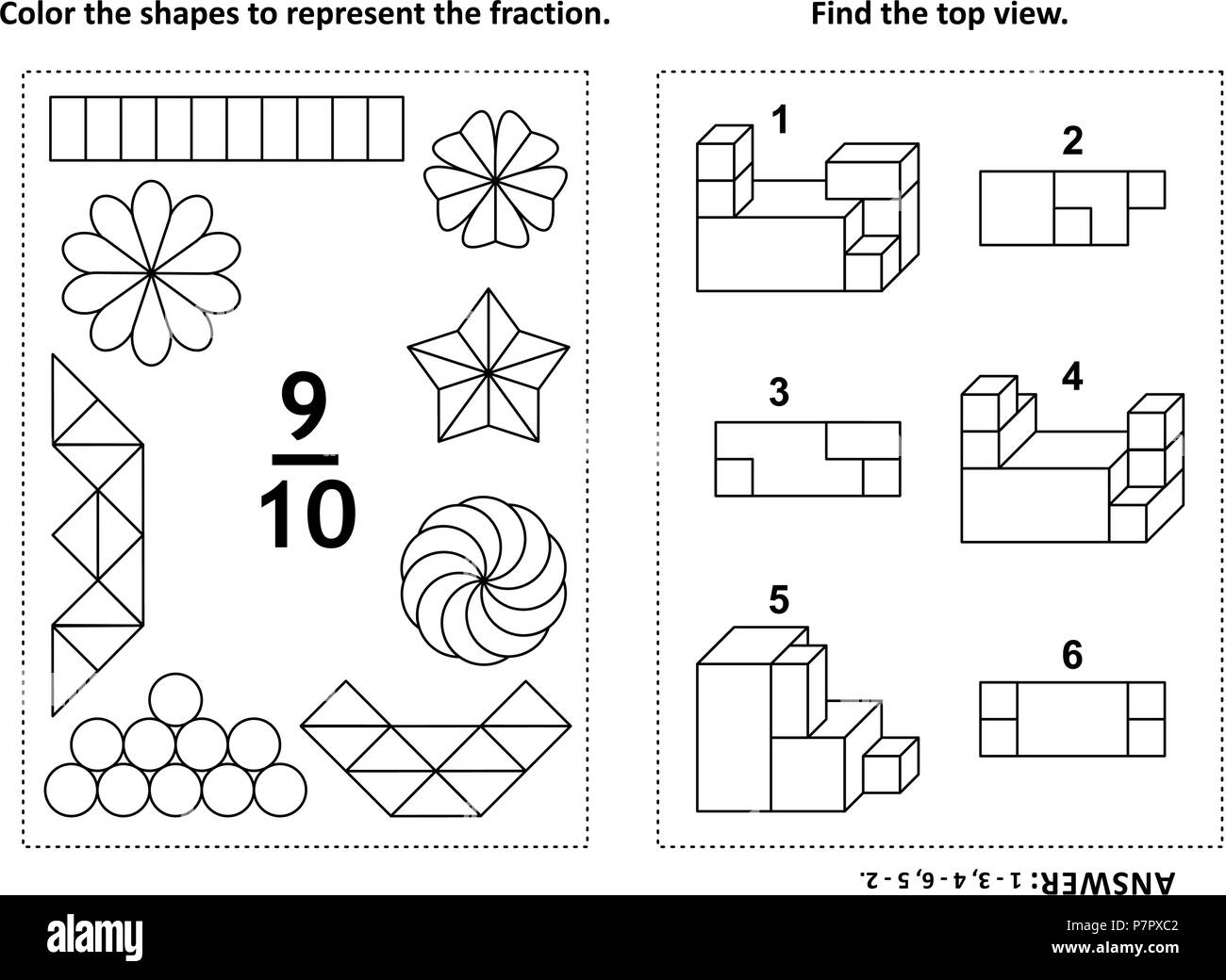 Due visual math puzzle e pagine da colorare. Il colore delle forme per rappresentare la frazione. Trovare la vista dall'alto. In bianco e nero. Risposta inclusa. Illustrazione Vettoriale