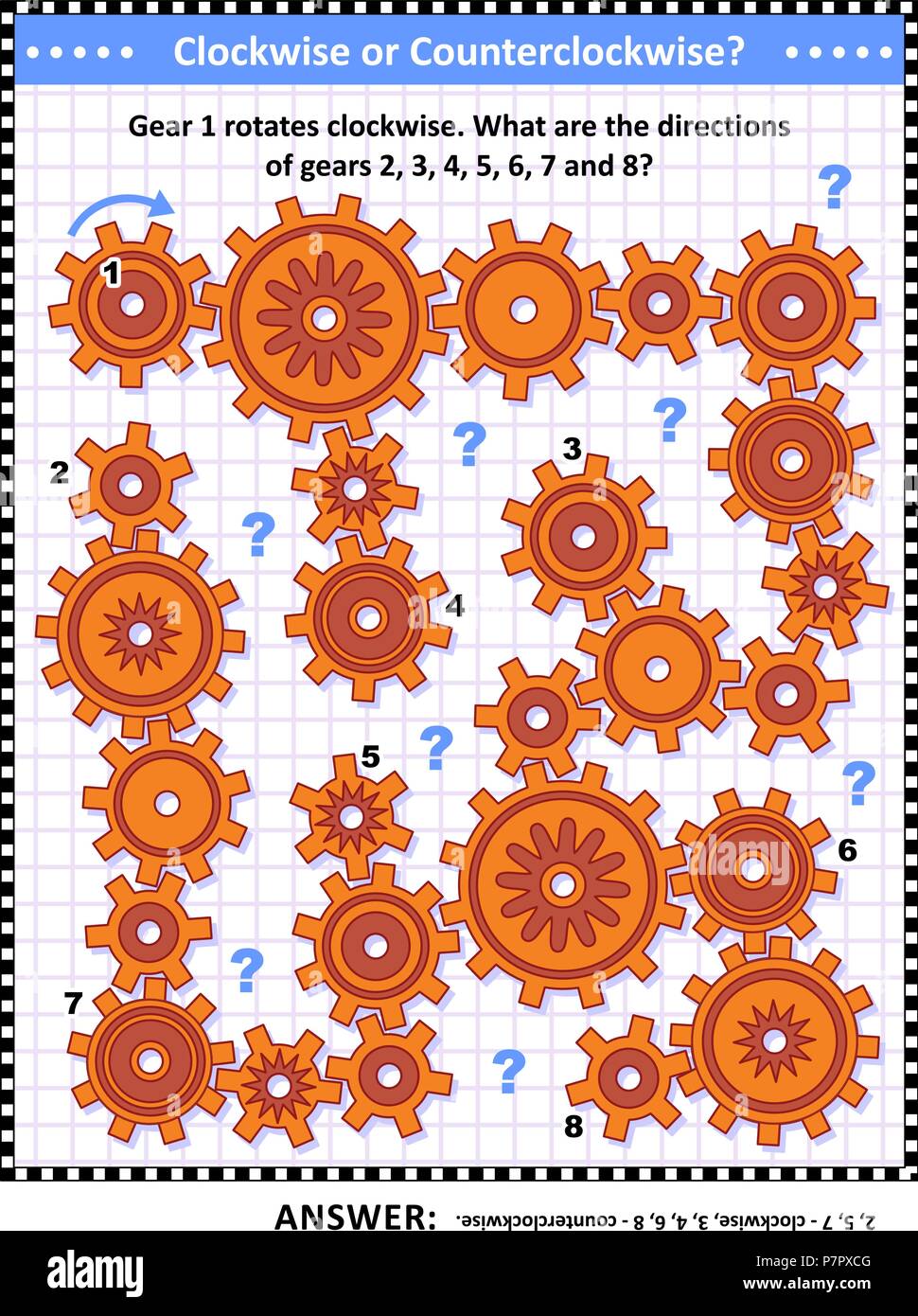 IQ e spaziale di skills training visual puzzle con ingranaggi rotanti in senso orario ed in senso antiorario. Risposta inclusa. Illustrazione Vettoriale