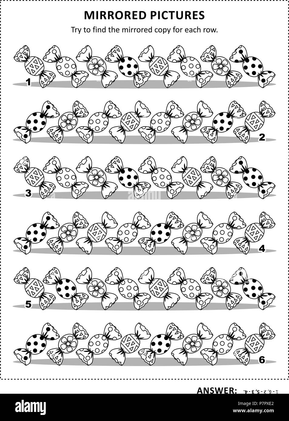 Formazione IQ visual puzzle e pagina di colorazione con caramelle: provare a trovare copia di mirroring per ogni riga. Risposta inclusa. Illustrazione Vettoriale