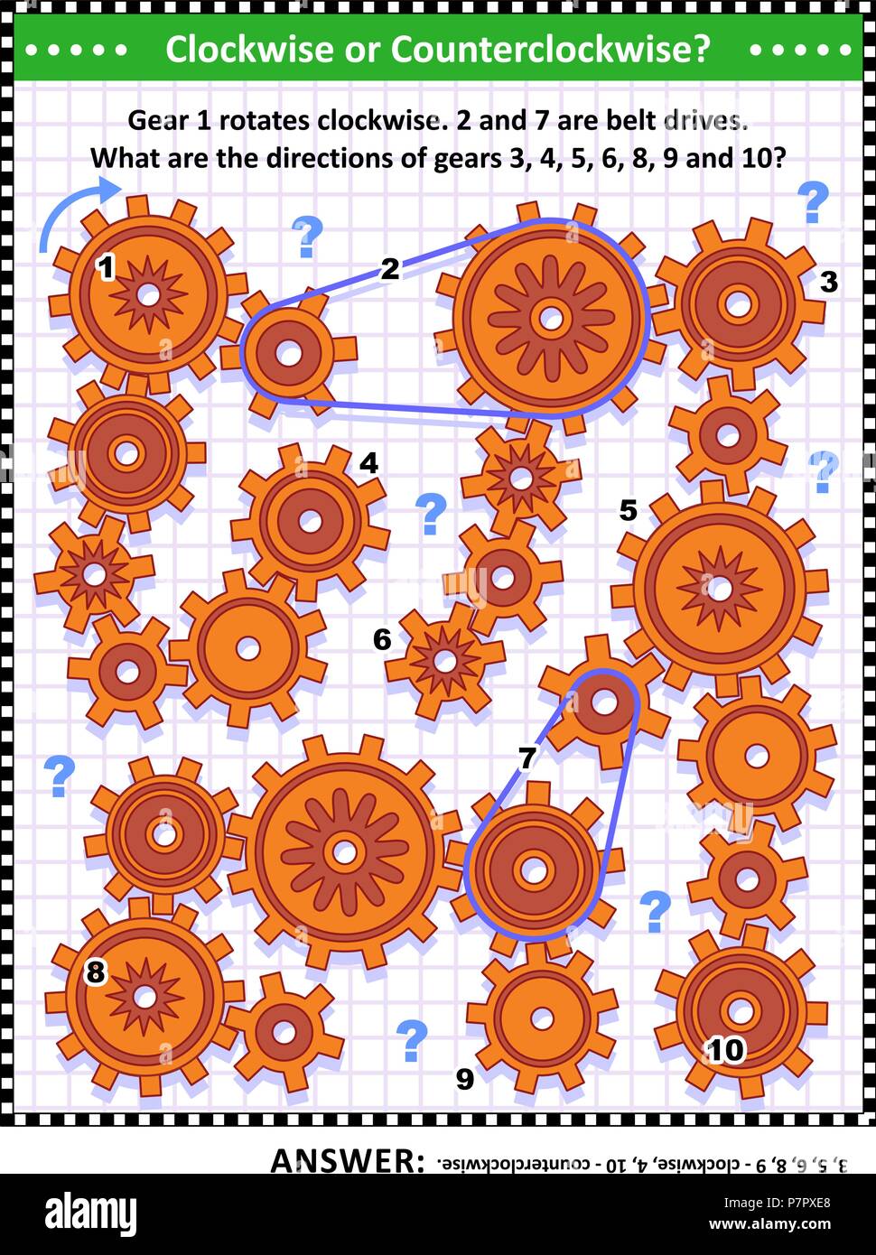 IQ e spaziale di skills training visual puzzle con rotazione degli ingranaggi e attraversato le trasmissioni a cinghia. Risposta inclusa. Illustrazione Vettoriale