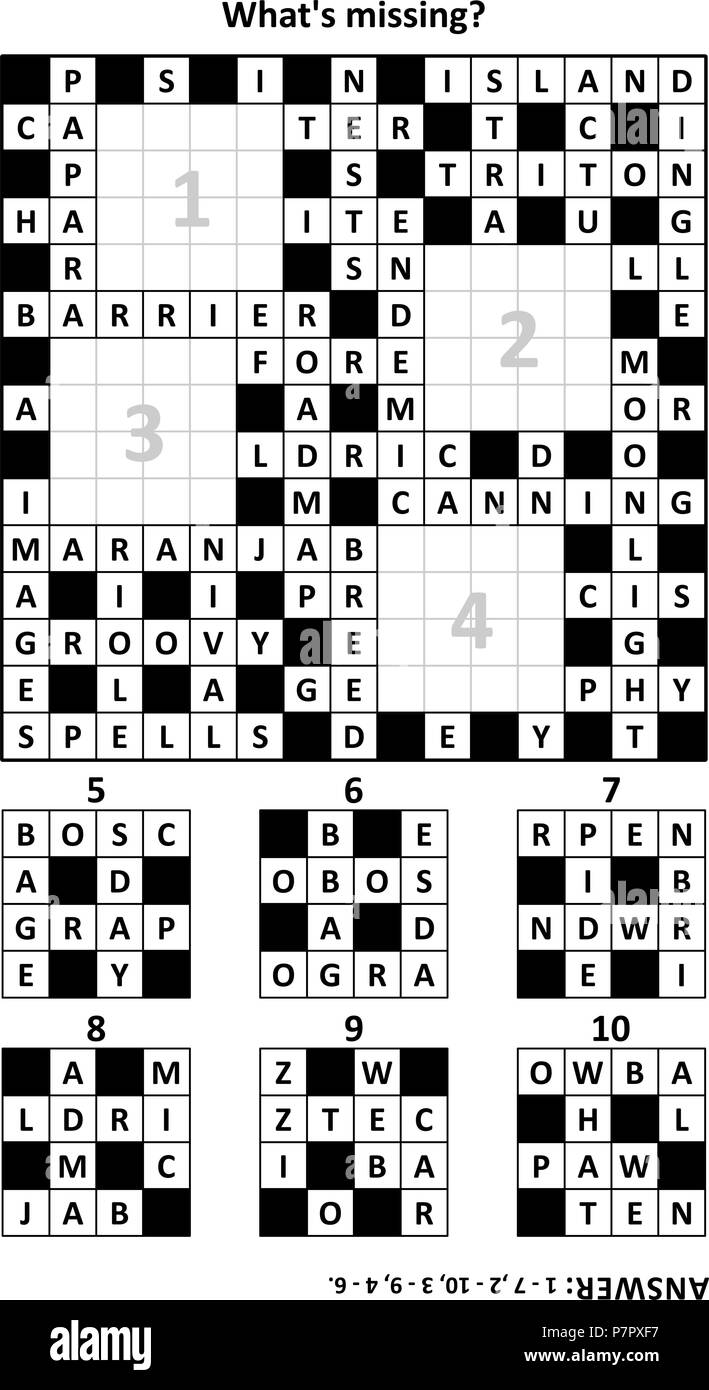 Nuovo modo di giocare con il cruciverba: Trovare i frammenti mancanti. Risposta inclusa. Illustrazione Vettoriale