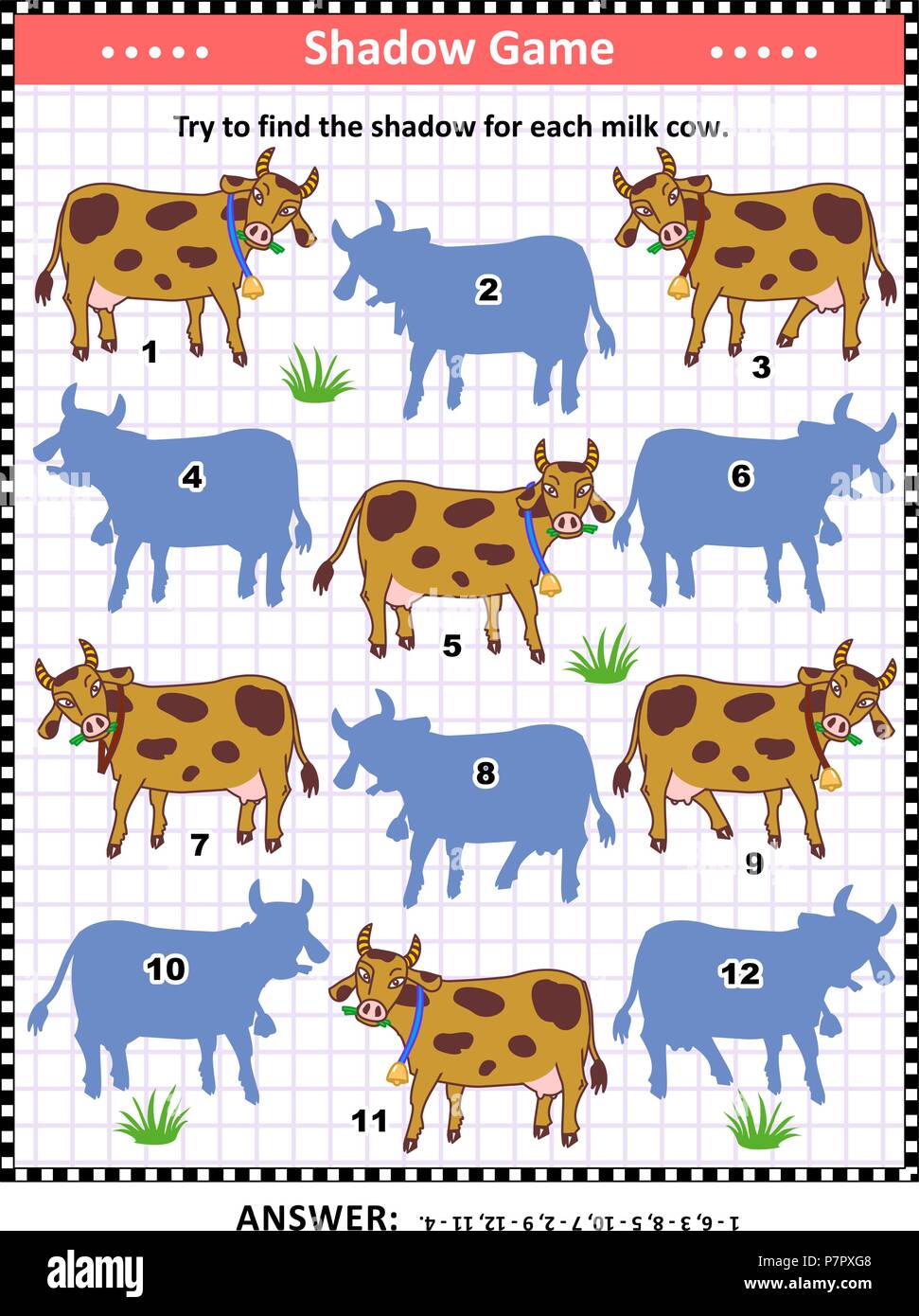 Ombra puzzle di adattamento o di gioco per i bambini e gli adulti con macchiato di vacche da latte. Risposta inclusa. Illustrazione Vettoriale