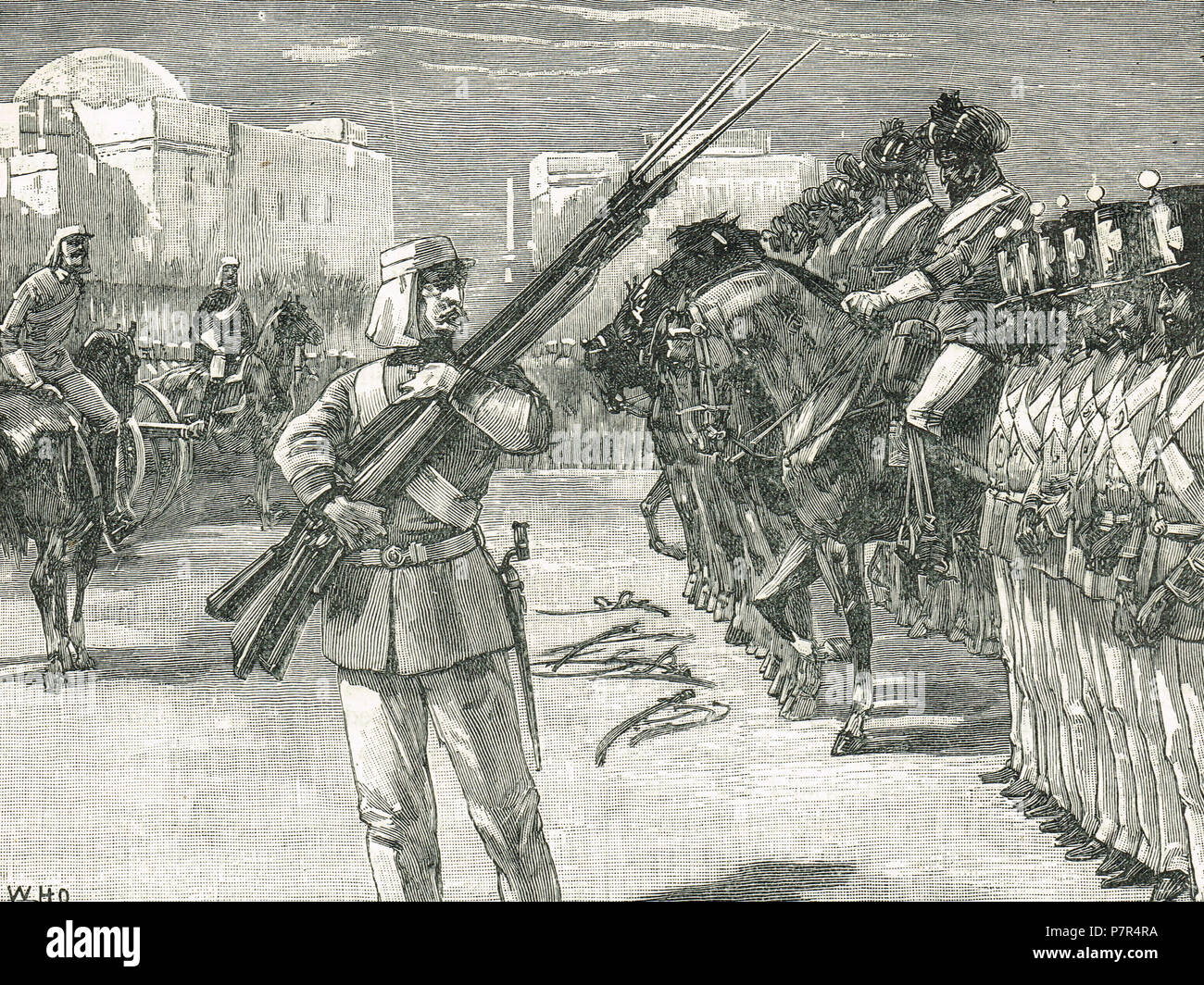 Il disarmo di un reggimento Sepoy di Barrackpore, West Bengal, India, durante la Ribellione indiana del 1857 Foto Stock