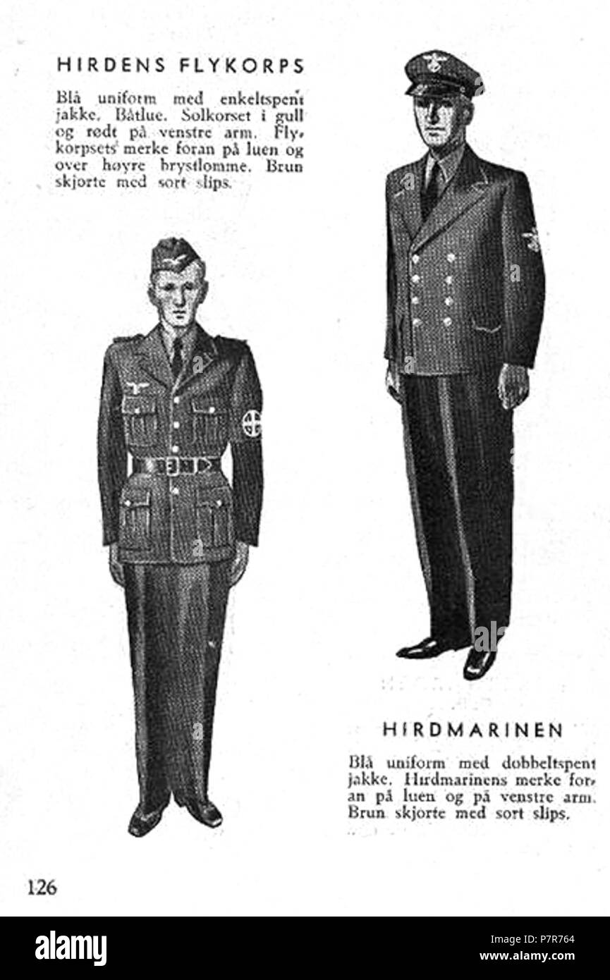 Norsk bokmål: Nasjonal Samling NS Aarbok 1944 s126 (uniformer) Hirdens flykorps Hirdmarinen Norsk bokmål: Uniformer og merker per Nasjonal Samling (NS), Vidkun Quislings nasjonalsosialistiske particol 1933-1945. Beskåret, lavoppløst bilde fra PDF sideoppslag med fra NS årbok 1944 "utgitt av" propagandaledelsen og trykt hos Mariendals boktrykkeri, Gjøvik 1943: http://krigsbilder.net/coppermine/albums/NS-AARBOK1944/NS rbok 1944.pdf (Nasjonal Samling (NS) opphørte ved slutten av andre verdenskrig ho Europa ho mai 1945. Ho 2015 er det oltre 70 år siden utgivelsen, og innholdet antas derfor å falle i det Foto Stock