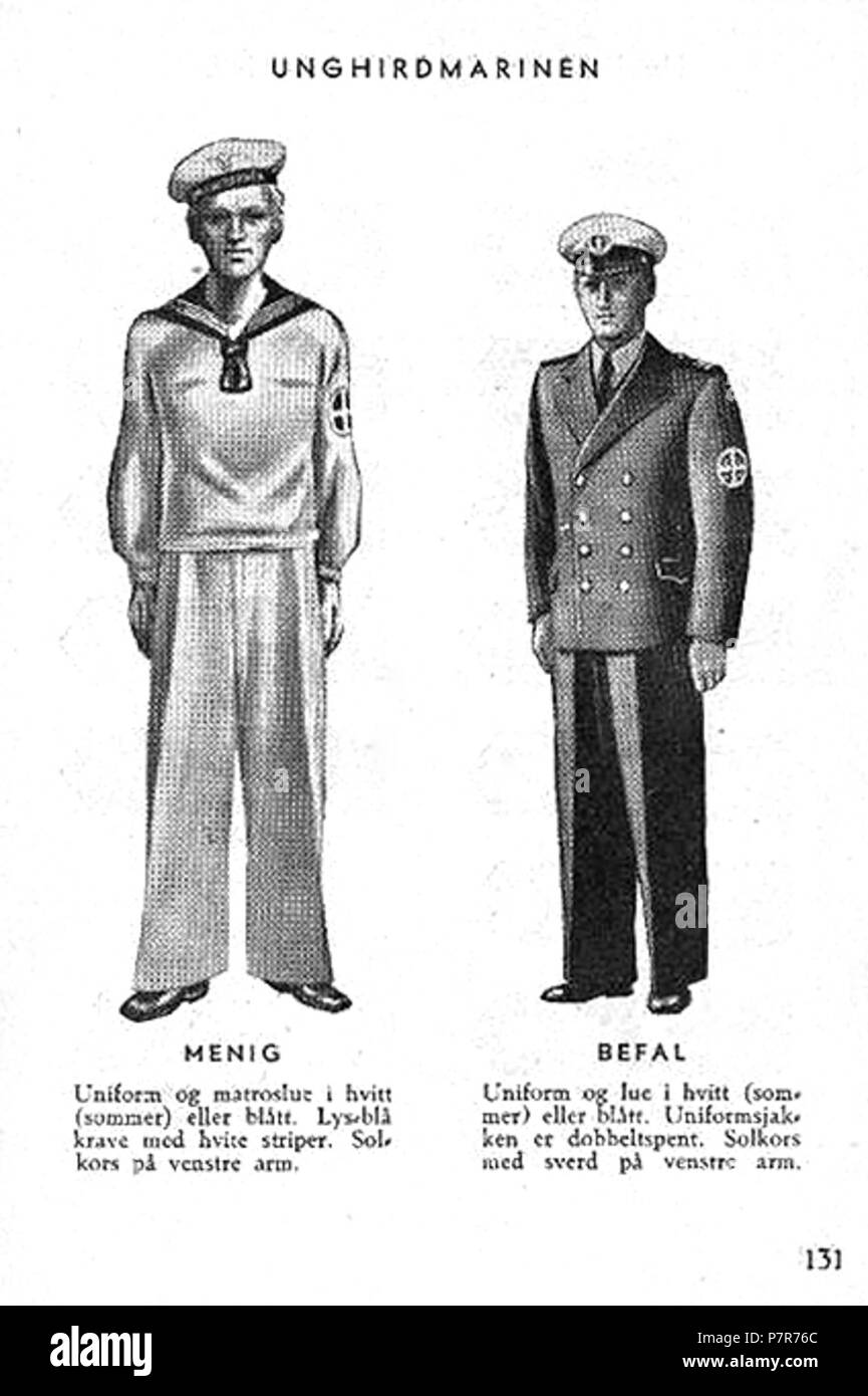 Norsk bokmål: Nasjonal Samling NS Aarbok 1944 s131 (uniformer) Unghirdmarinen Norsk bokmål: Uniformer og merker per Nasjonal Samling (NS), Vidkun Quislings nasjonalsosialistiske particol 1933-1945. Beskåret, lavoppløst bilde fra PDF sideoppslag med fra NS årbok 1944 "utgitt av" propagandaledelsen og trykt hos Mariendals boktrykkeri, Gjøvik 1943: http://krigsbilder.net/coppermine/albums/NS-AARBOK1944/NS rbok 1944.pdf (Nasjonal Samling (NS) opphørte ved slutten av andre verdenskrig ho Europa ho mai 1945. Ho 2015 er det oltre 70 år siden utgivelsen, og innholdet antas derfor å falle i det fri ifølge né Foto Stock