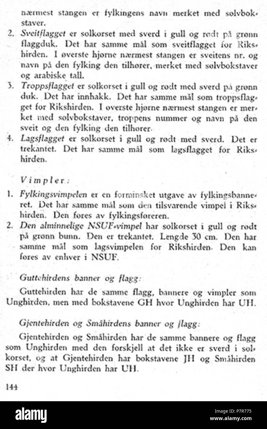 Norsk bokmål: Nasjonal Samling NS Aarbok 1944 s144 (guttehirden gjentehirden) Norsk bokmål: Uniformer og merker per Nasjonal Samling (NS), Vidkun Quislings nasjonalsosialistiske particol 1933-1945. Beskåret, lavoppløst bilde fra PDF sideoppslag med fra NS årbok 1944 "utgitt av" propagandaledelsen og trykt hos Mariendals boktrykkeri, Gjøvik 1943: http://krigsbilder.net/coppermine/albums/NS-AARBOK1944/NS rbok 1944.pdf (Nasjonal Samling (NS) opphørte ved slutten av andre verdenskrig ho Europa ho mai 1945. Ho 2015 er det oltre 70 år siden utgivelsen, og innholdet antas derfor å falle i det fri ifølge né Foto Stock