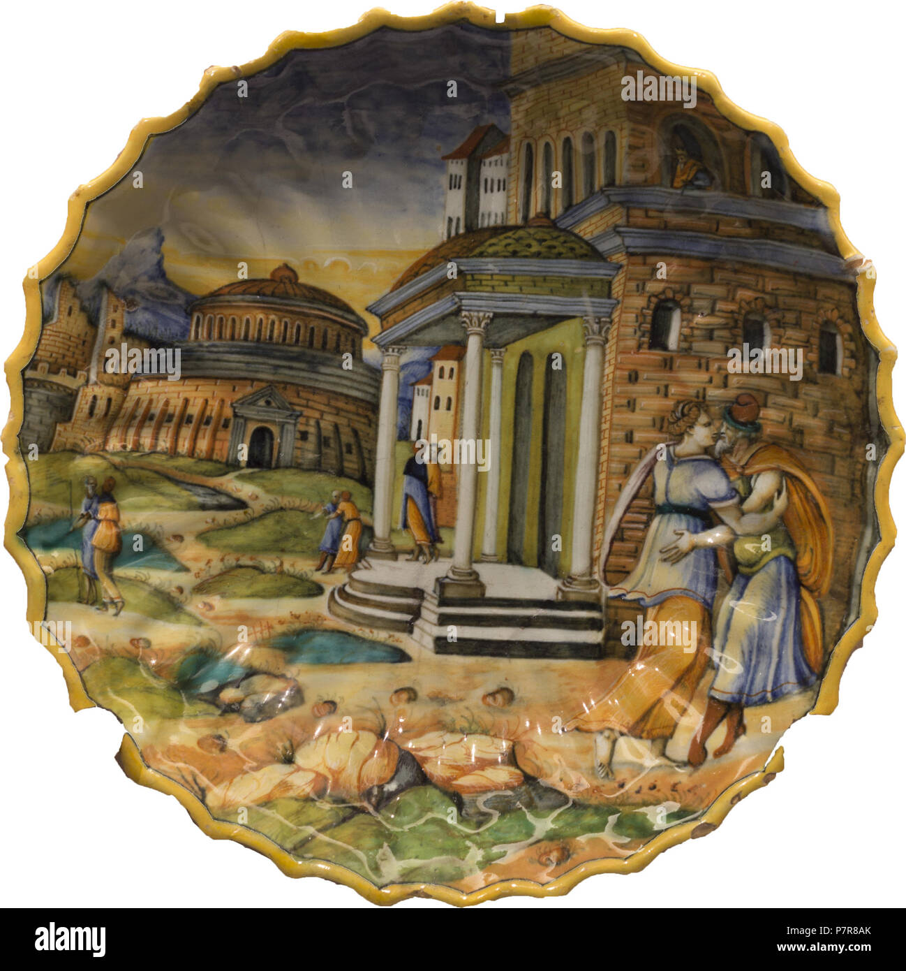 12 Abimélech épiant Isaac et Rébecca - Coupe godronnée à bord dentelé (majolique, Urbino ou Lyon) - détouré Foto Stock