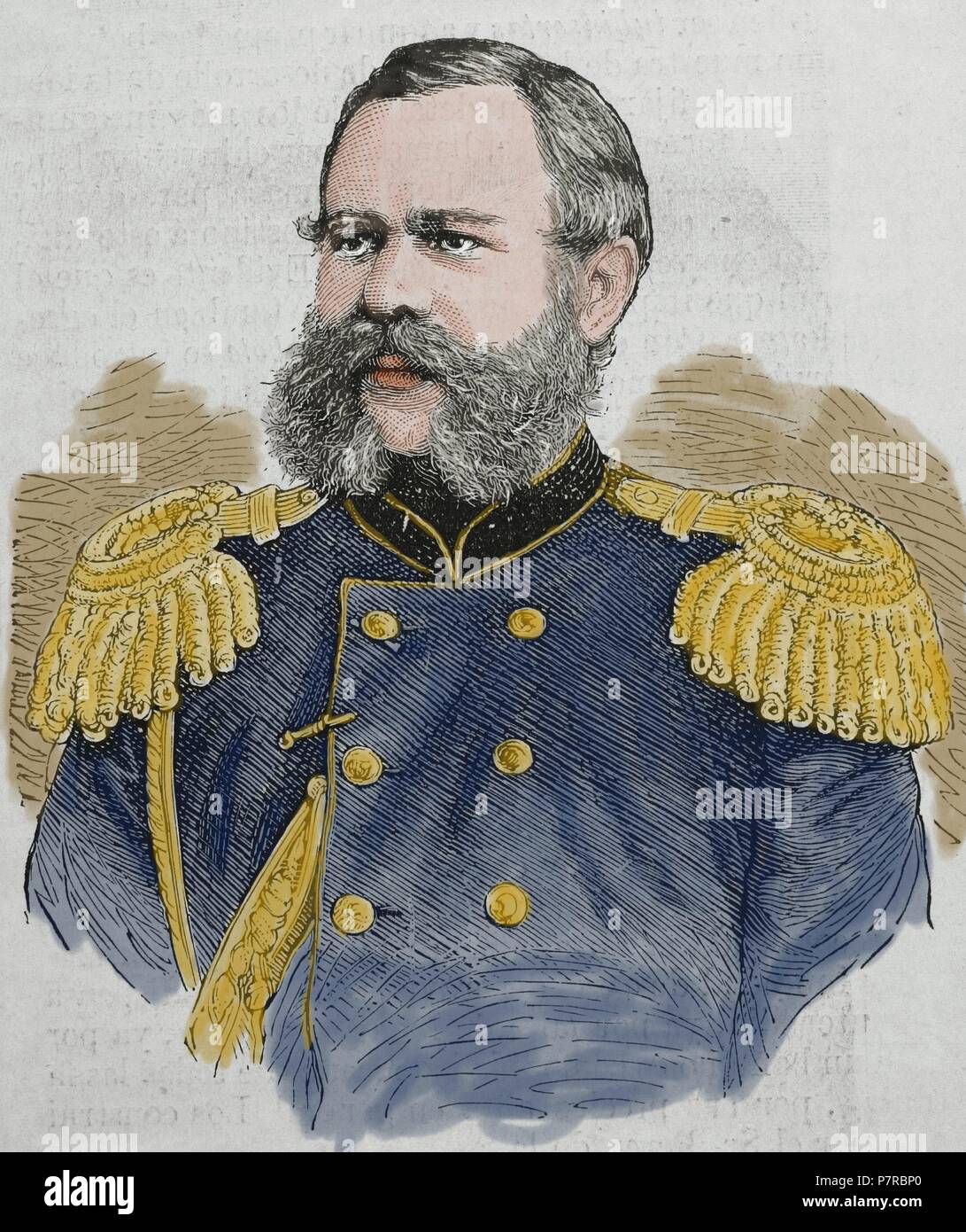 Dmitry Ivanovich Sviatopolk-Mirsky (1825-1899). Imperial esercito russo generale, un uomo politico e un membro della principesca famiglia Svyatopolk-Mirsky. Ritratto. Incisione. La Ilustracion Española y Americana, 1877. Colorati. Foto Stock