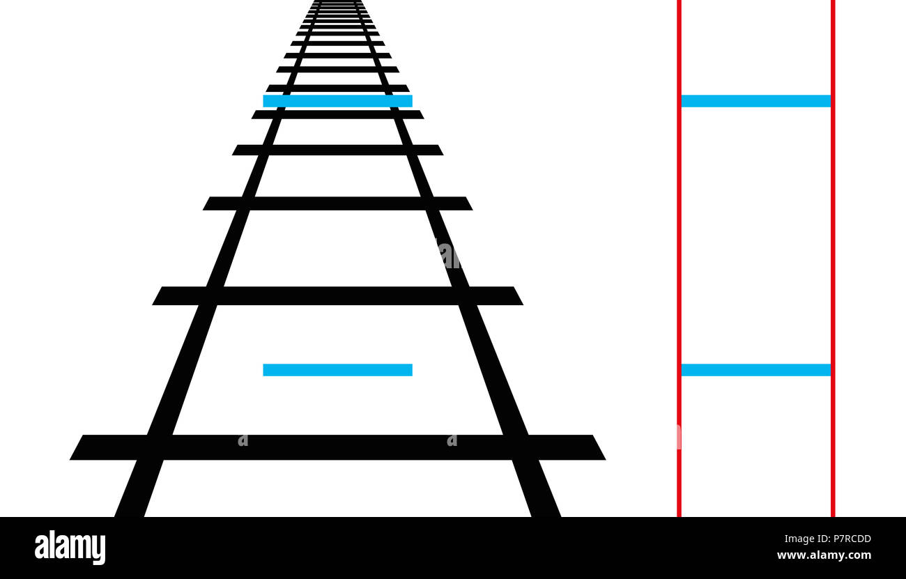Ponzo illusione, geometriche illusione ottica. Entrambi blu linee orizzontali sono della stessa lunghezza. Illustrazione. Foto Stock