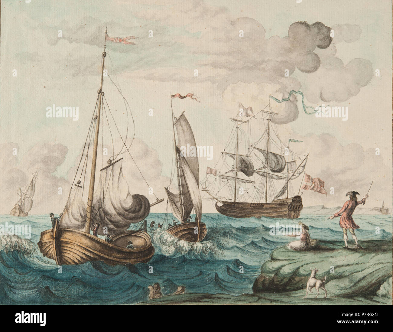 237 Kust med människor och fartyg, ett med dansk flagga - Sjöhistoriska museet - SB 16543 Foto Stock