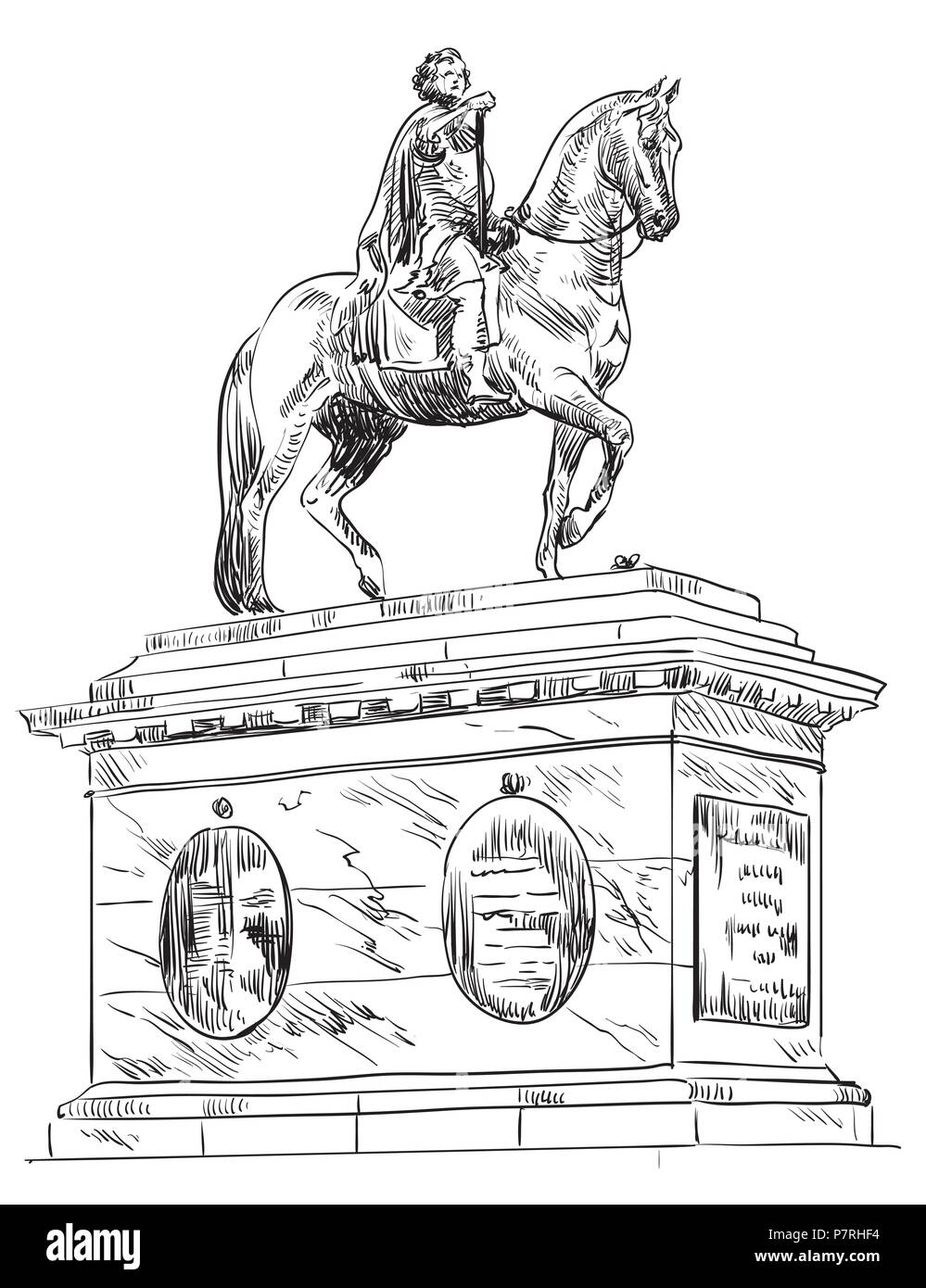 Frederik V a cavallo statua, in Piazza Amalienborg di Copenaghen, Danimarca. Punto di riferimento della Danimarca. Vettore di disegno a mano illustrazione in colore nero iso Illustrazione Vettoriale