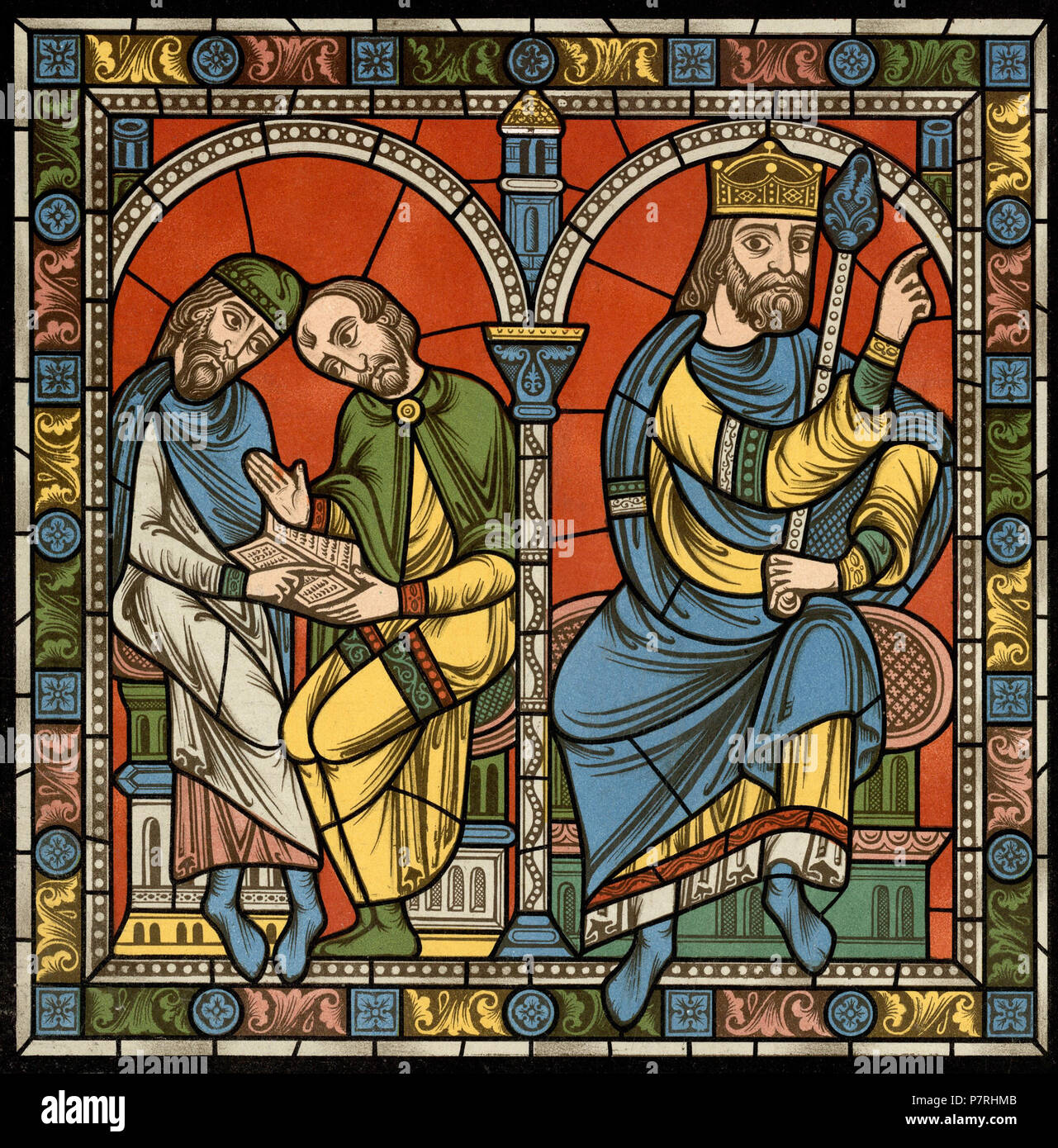 89 Chartres VITRAIL DE LA VIE DE JÉSUS-Cristo Motiv 05 Le roi Hérode avec les sapienti de la sinagoga Foto Stock