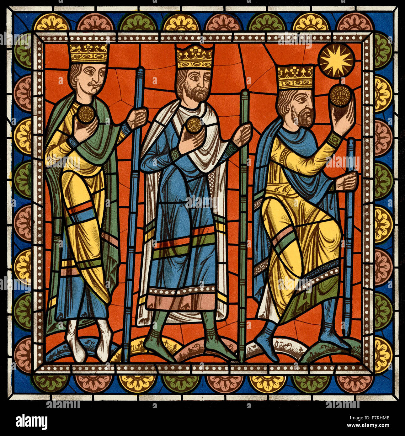 89 Chartres VITRAIL DE LA VIE DE JÉSUS-Cristo Motiv 07 Les Mages En route vers Bethléem; l étoile apparaît Foto Stock