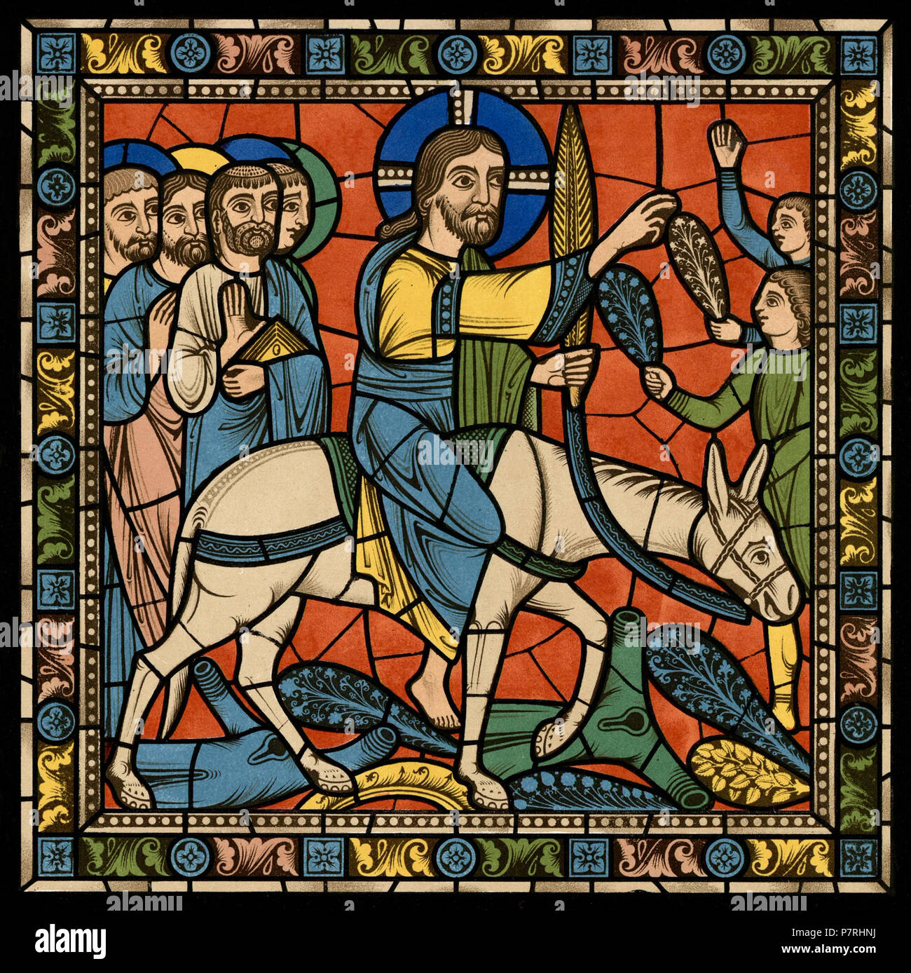 89 Chartres VITRAIL DE LA VIE DE JÉSUS-Cristo Motiv 23 Les Rameaux - apôtres et Jésus-Christ sur l'ânesse Foto Stock