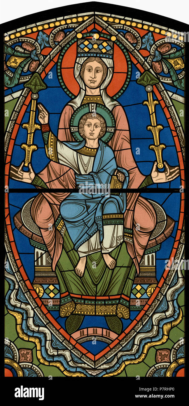 89 Chartres VITRAIL DE LA VIE DE JÉSUS-Cristo Motiv 26 sommet de la fenêtre figura de la Sainte Vierge inquilino son fils sur ses genoux Foto Stock