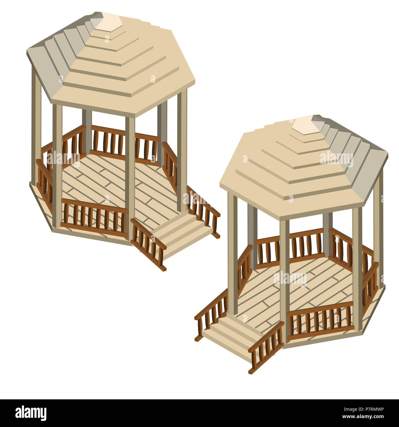 Due gazebo in legno isolato su sfondo bianco. Vector cartoon close-up illustrazione. Illustrazione Vettoriale