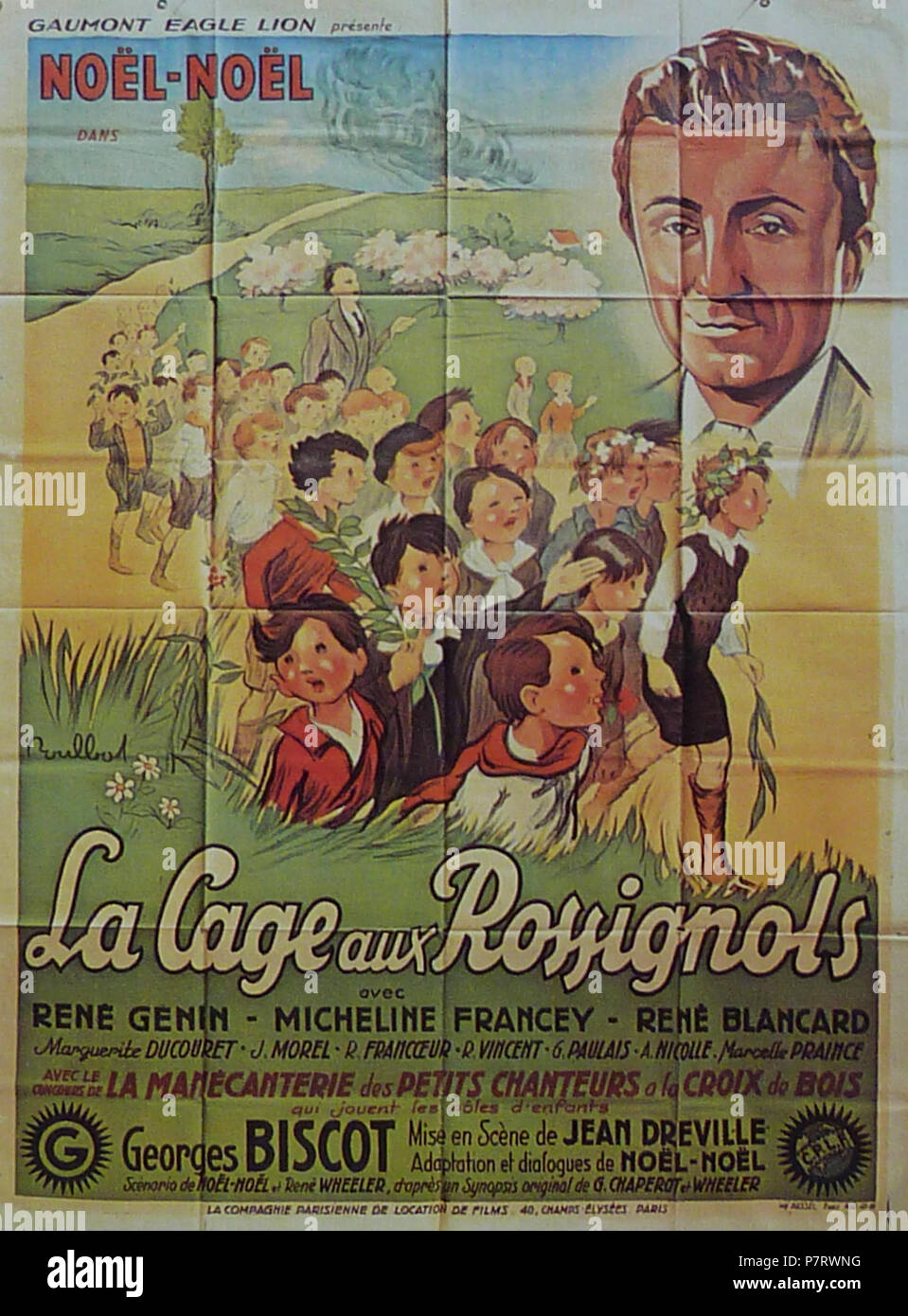 Affiche pour le film La Cage aux rossignols (réalisateur Jean Dréville) par Francisque Poulbot, 1945. Grand format 12Ox160 cm. Imprimeur Aussel, Parigi. 1945 319 Poulbot affiche La Cage aux Rossignols 1944 Foto Stock