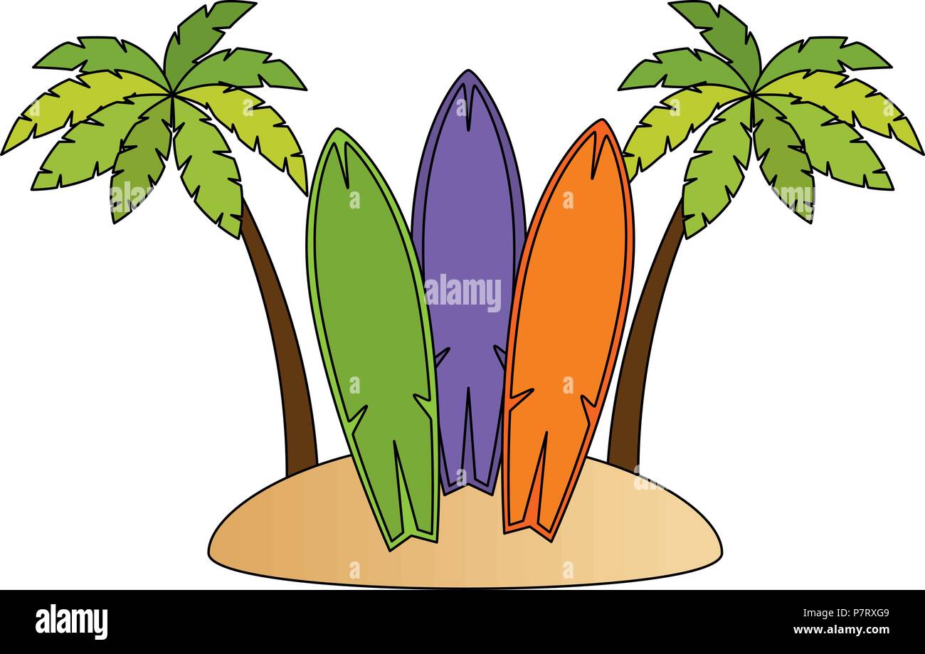 Le tavole da surf e palme sulla spiaggia Illustrazione Vettoriale