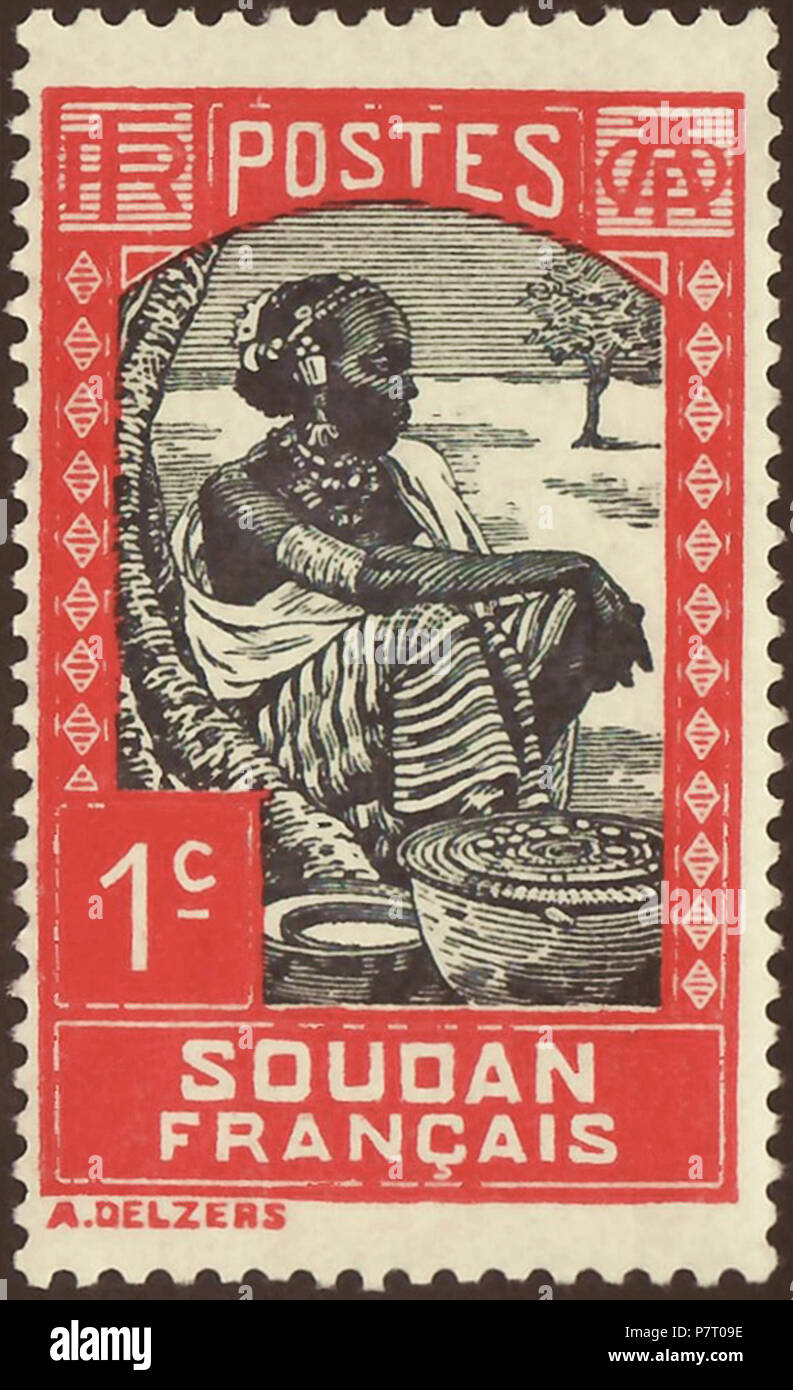 Timbro del Sudan francese (contemporaneo Repubblica del Mali per la maggior parte) come parte della federazione francese di West Africa ('Afrique Occidentale française " = A.O.F.); 1931; timbro definitiva del problema "udanese Donna"; il disegno di una seduta donna sudanese in modo nativo all'interno di una tipica savana africana paesaggio; timbro di menta con gomma liscia timbro: Michel: No. 60; Yvert et Tellier: No. 60 Colore: rosso / grigio filigrana nera: nessuno valore nominale: 1 C (Centime) affrancatura validità dal 9 marzo 1931 fino al Firma e timbro dimensioni immagine (area stampata senza seguito sigtnature linea): 22,0 x 35,0 mm . 9 marzo 193 Foto Stock