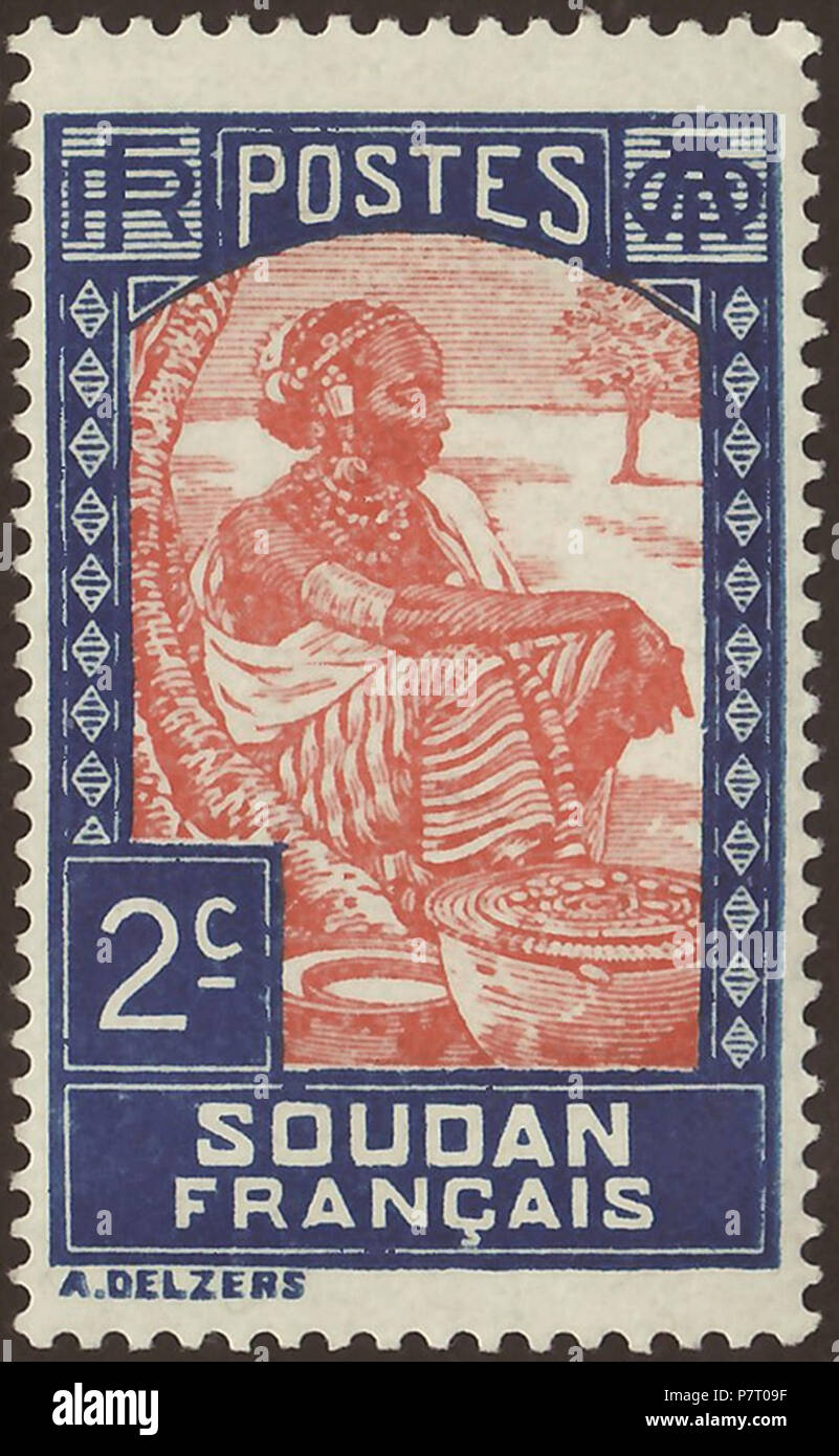 Timbro del Sudan francese (contemporaneo Repubblica del Mali per la maggior parte) come parte della federazione francese di West Africa ('Afrique Occidentale française " = A.O.F.); 1931; timbro definitiva del problema "udanese Donna"; il disegno di una seduta donna sudanese in modo nativo all'interno di un Occidente savana africana paesaggio; timbro di menta con gomma liscia timbro: Michel: No. 61; Yvert et Tellier: No. 61 Colore: blu / rosso arancio filigrana: nessuno valore nominale: 2 C (centesimi) affrancatura validità dal 9 marzo 1931 fino al Firma e timbro dimensioni immagine (area stampata senza al di sotto della riga della firma): 22,0 x 35,0 mm . 9 Marzo 1931 Foto Stock