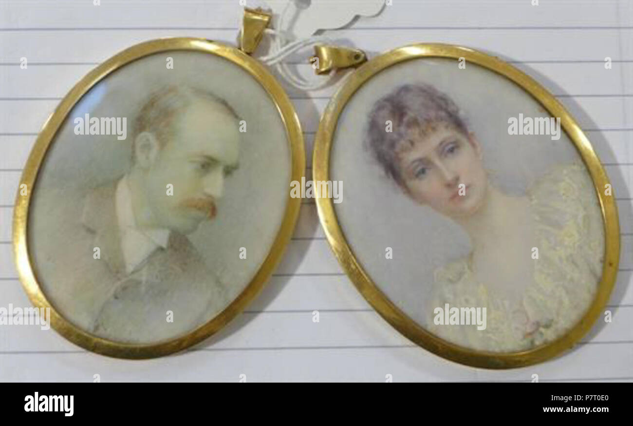 Inglese: Annie R. Merrylees (b 1867 - fl 1930s) coppia di oli su avorio,Miniature del signor e la signora Archibald Cameron Corbett. Archibald Cameron Corbett, primo Baron Rowallan (23 maggio 1856 - 19 Marzo 1933), era un scozzese partito liberale e il partito di unionista liberale politico. indovinare a 1910 . 2 Gennaio 1910 25 Archibald Cameron Corbett e la moglie di avorio miniature di Merrylees Foto Stock