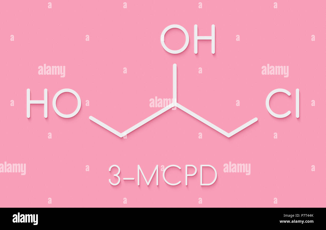 3-MCPD cancerogene da alimentare-molecola prodotto. Prodotto quando è stato aggiunto acido cloridrico al cibo per accelerare l'idrolisi proteica. Formula di scheletro. Foto Stock