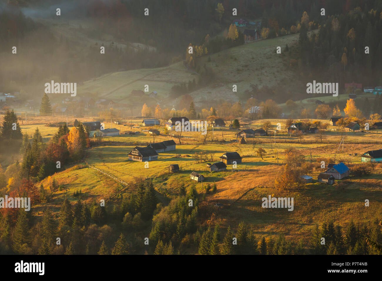 Colorato paesaggio autunnale nel villaggio di montagna. Mattinata nebbiosa nelle montagne dei Carpazi, Ucraina Foto Stock