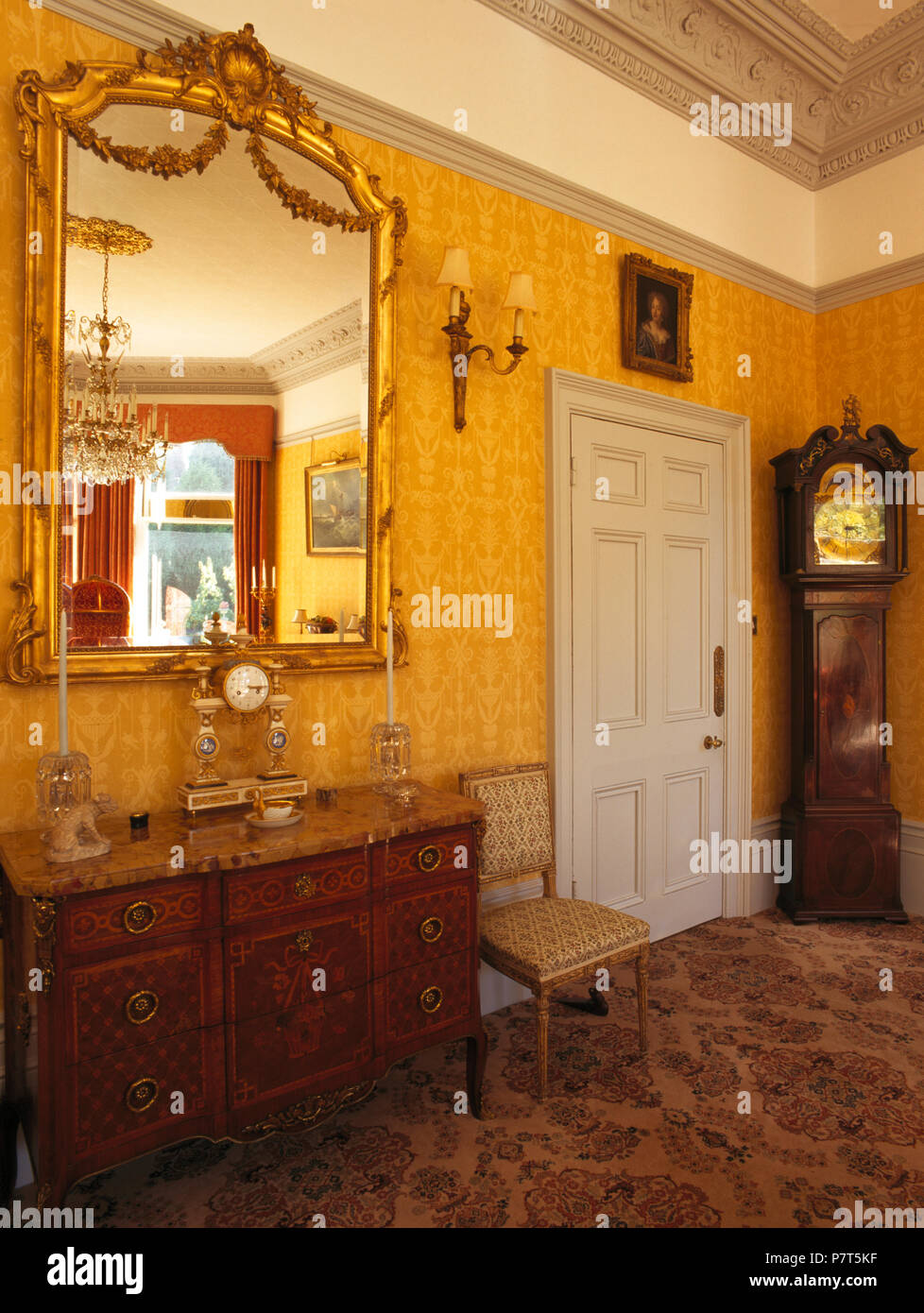 Grande specchio antico e cassettiera in giallo sala da disegno con un lungo caso orologio Foto Stock