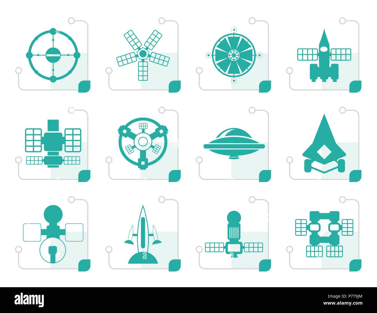 Stilizzata di diversi tipi di veicolo spaziale future icone - vettore icona impostare Illustrazione Vettoriale
