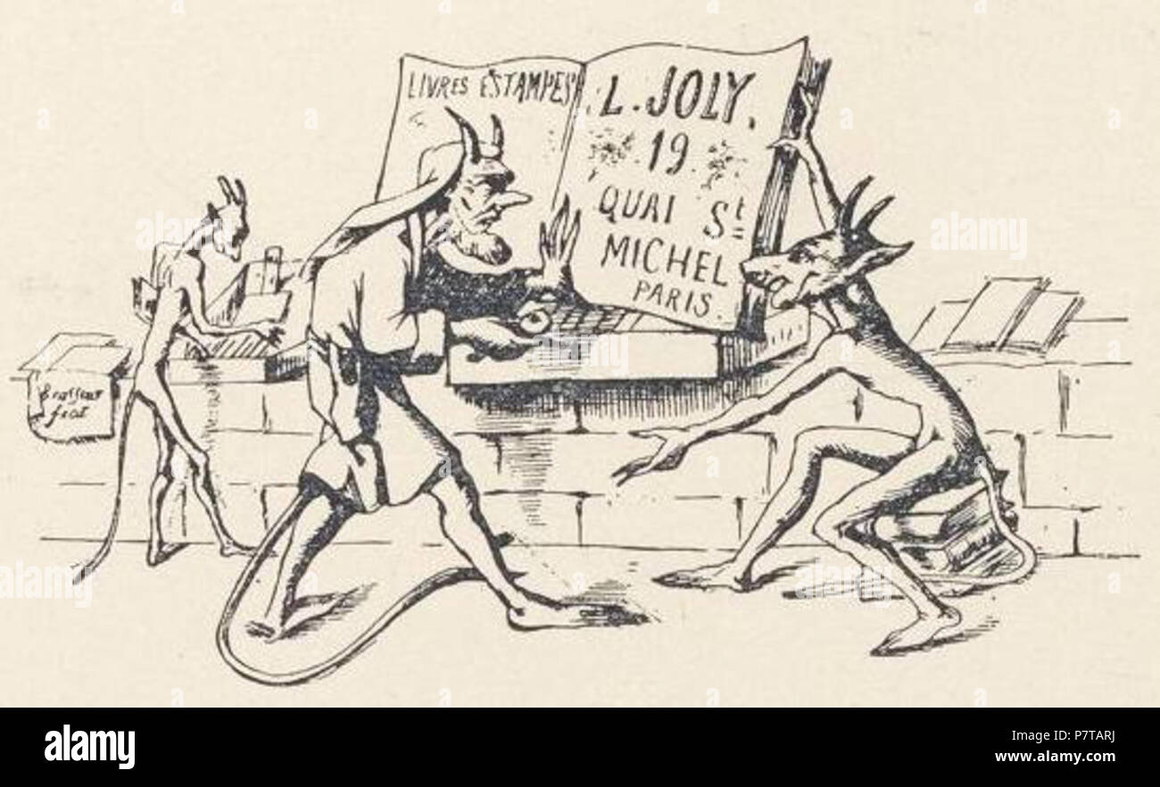 Français : Carte de visite du bouquiniste L. Joly installé en face du n°19 quai Saint-Michel à Paris. Dessin de Brasseur (-). prima del 1900 54 Brasseur - Joly carte de visite Foto Stock