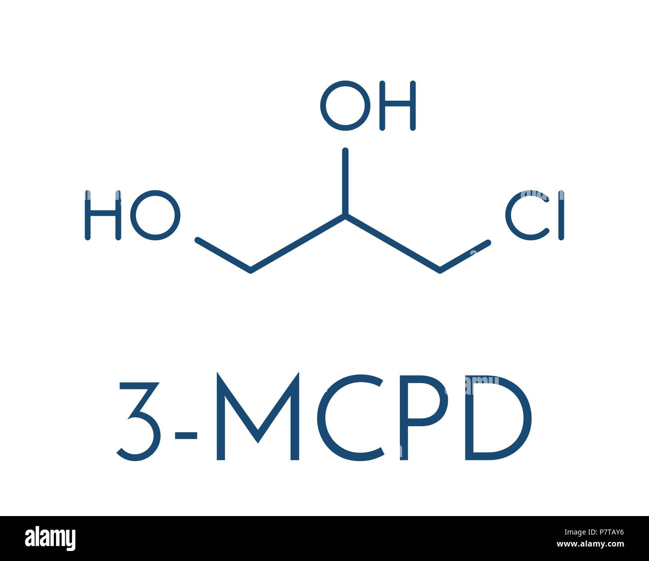 3-MCPD cancerogene da alimentare-molecola prodotto. Prodotto quando è stato aggiunto acido cloridrico al cibo per accelerare l'idrolisi proteica. Formula di scheletro. Illustrazione Vettoriale