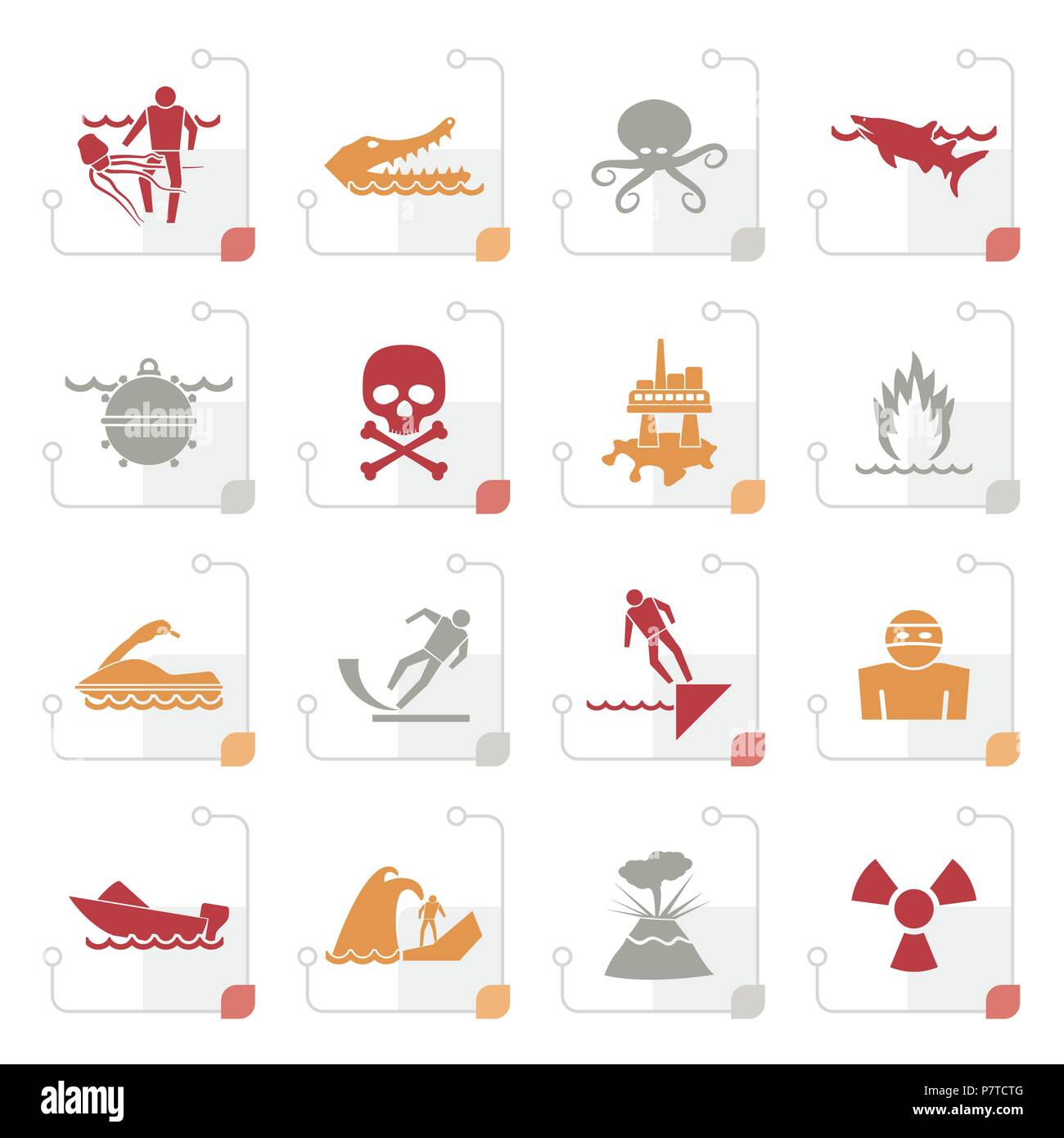 Stilizzata cartelli di avvertimento per i pericoli in mare, oceano, spiaggia e fiumi vettore - Serie di icone 1 Illustrazione Vettoriale
