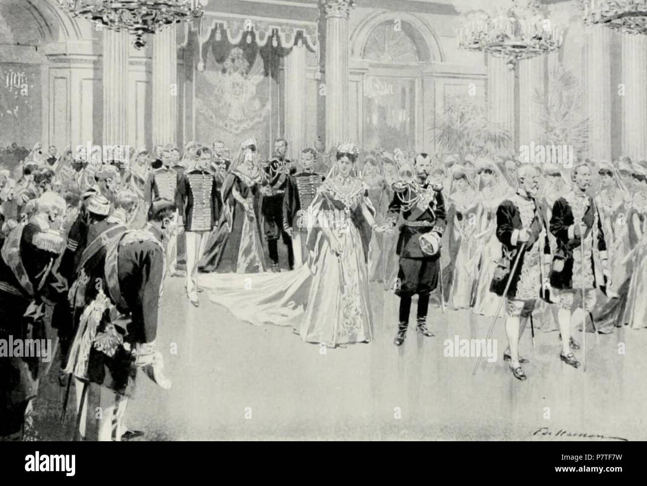 Inglese: Corte palla. L'imperatore portando l'Imperatrice attraverso la sala da ballo, c. 1913. Dipinto da Frédéric de Haenen : . . Circa 1913 98 Corte palla. L'imperatore portando l'Imperatrice attraverso la sala da ballo, c. 1913 Foto Stock