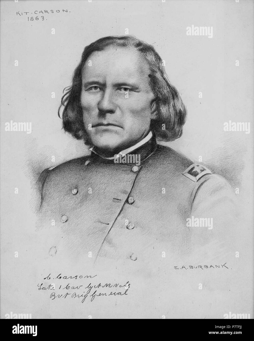 Inglese: Kit Carson, 1863 matita su carta 368 x 286 mm firmato b.r.: E.A. Burbank inscritto b.l.: C. Carson, Fine 1 Cavly NM VOL, Bvt Brig generale . prima di 1949 230 Kit Carson, 1863, da Elbridge Ayer Burbank Foto Stock