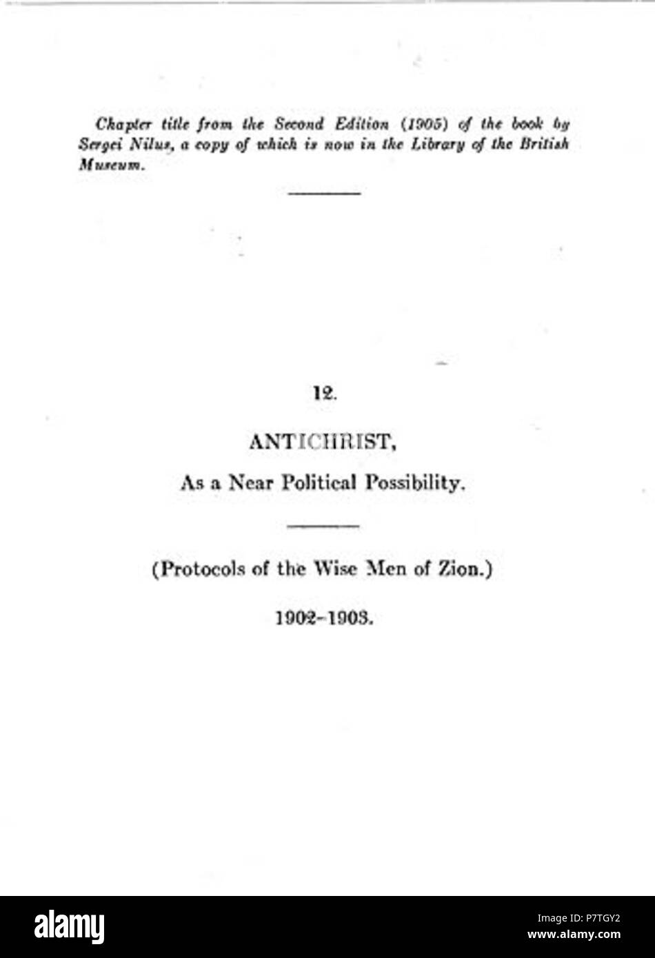 Inglese: traduzione inglese per la pagina del titolo del capitolo 12 dei Protocolli dei Savi Anziani di Sion . 1905 4 1905 Ch. 12 PSM Trans. Foto Stock