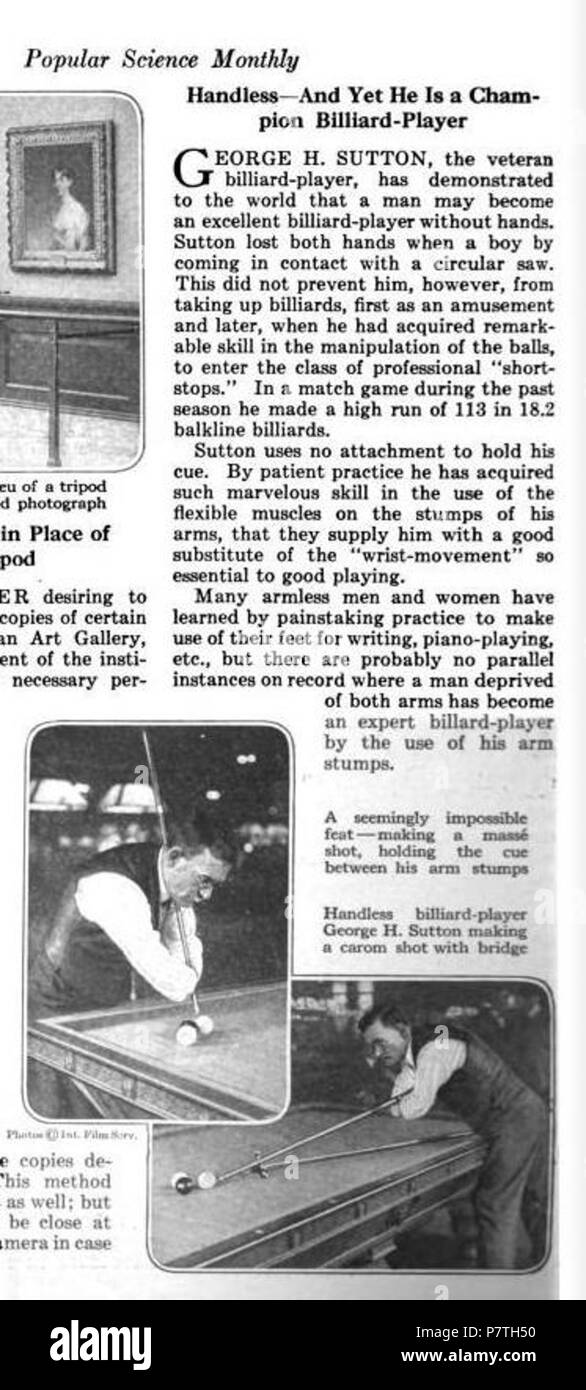 Deutsch: Artikel über George H. Sutton im Popular Science Monthly-Magazin von 1918. "Handless-And eppure egli è un campione Billiard-Player" inglese: miracolosa George H. Sutton campionato gioca a biliardo con le mani non. Letteralmente. Articolo apparso originariamente in Popular Science mensilmente in 1918. 1918 6 1918 George H Sutton articolo Foto Stock