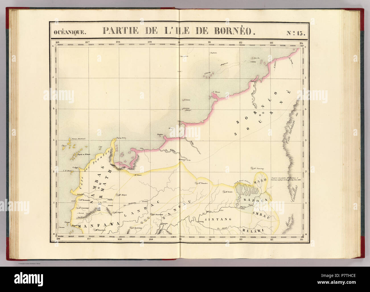 Inglese: una mappa pubblicata a Bruxelles, in Francia nel 1827, raffigurante la Northwestern Borneo che include Sarawak, parte di Sabah, e parte del West Kalimantan. Tra i nomi di luogo mostrato nella mappa sono: Tanjong Datou = presente giorno Tanjung Datu, Sarawak Calca = presente giorno Kalaka, Sarawak C. Baram = presente giorno Tanjung Baram, Sarawak Bourne' = presente giorno Brunei Riv. Kimanis = presente giorno fiume Kimanis, Sabah Français : Partie, Borneo. Oceanique n. 13 . 1827 11 a 1827 Mappa del Nord Ovest Borneo disegnato da Vandermaelen, Philippe Foto Stock