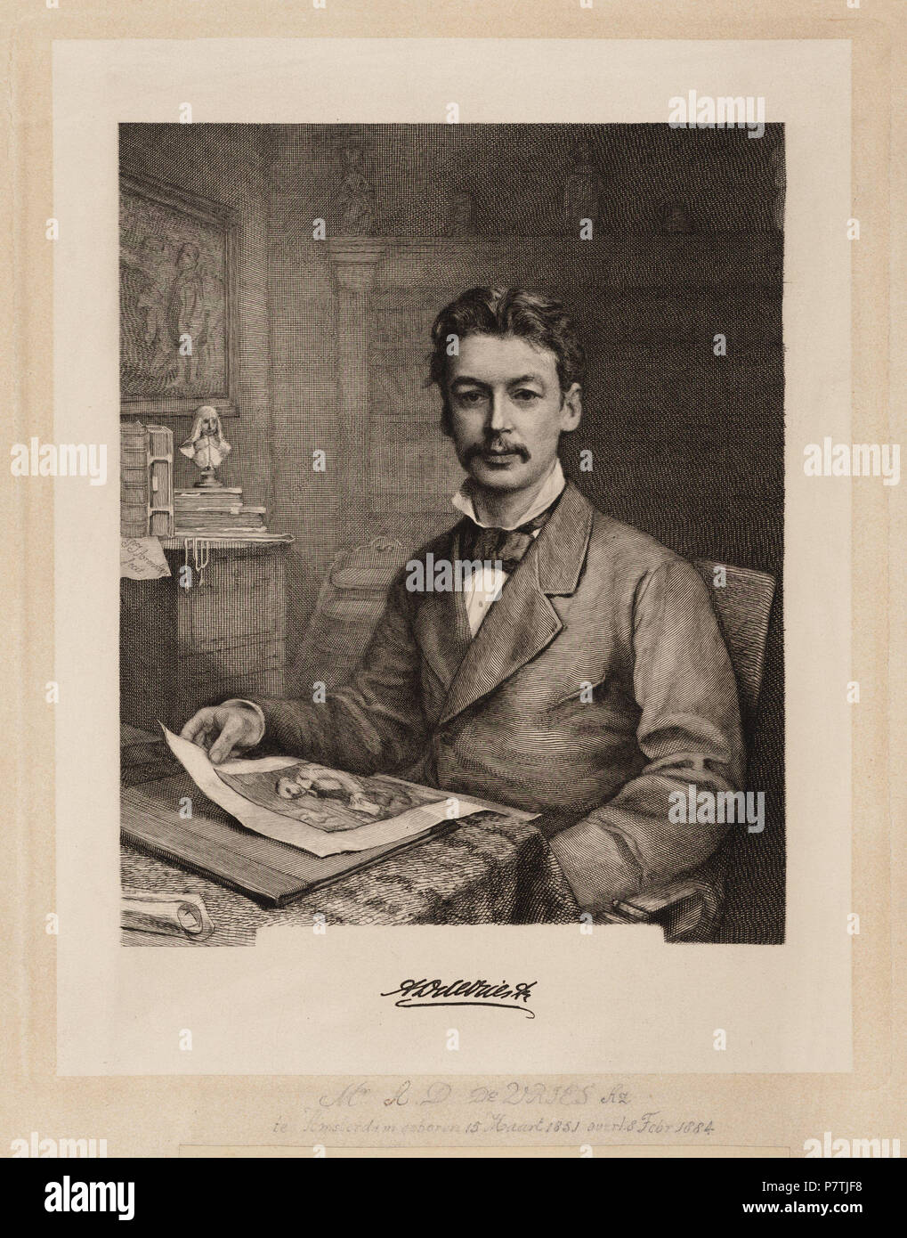 Nederlands: Beschrijving Adriaan Dirk de Vries (15-03-1851 / 18-02-1884) Onderdirecteur van het Rijksprentenkabinet te Amsterdam. Incontrato handtekening. Afmetingen: 231 x 190 mm. Documenttype prent Vervaardiger Arendzen, Petrus Johannes (1846-1932) Collectie Collectie Stadsarchief Amsterdam: tekeningen en prenten Datering 1884 ca. Inventarissen http://archief.amsterdam/archief/10097/010097014739 Afbeeldingsbestand 010097014739 . circa 1884 25 Arendzen, Petrus Johannes (1846-1932), Afb 010097014739 Foto Stock