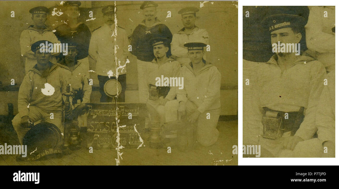 Inglese: Karl Artelt sul bordo della "Gneisenau" 1912 (fila inferiore secondo da destra e dettaglio allargamento); scheda tra i marinai si legge: Pumpenmeister Personal SMS "Gneisenau", Amoij, Cina 1912 (pompa master personnnel SMS "Gneisenau", Amoij, Cina 1912) Deutsch: Karl Artelt auf der "SMS Gneisenau" 1912 (unten zweiter von rechts und Ausschnittvergrößerung); Aufschrift auf der Tafel: Pumpenmeister Personal SMS "Gneisenau", Amoij, Cina 1912 . 1912 27 Artelt gneisenau 1912 Foto Stock
